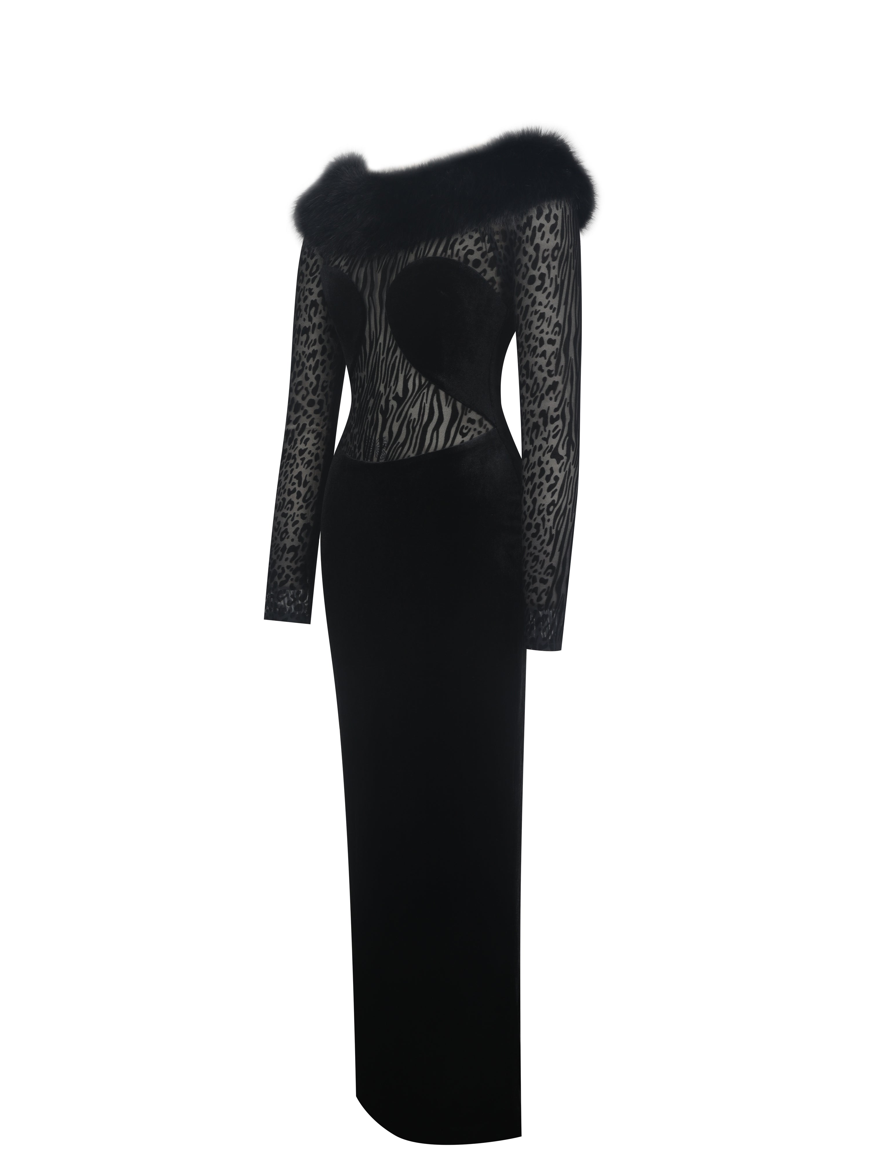 Alexis Black Animal Print Fur Boatneck Maxi Dress
