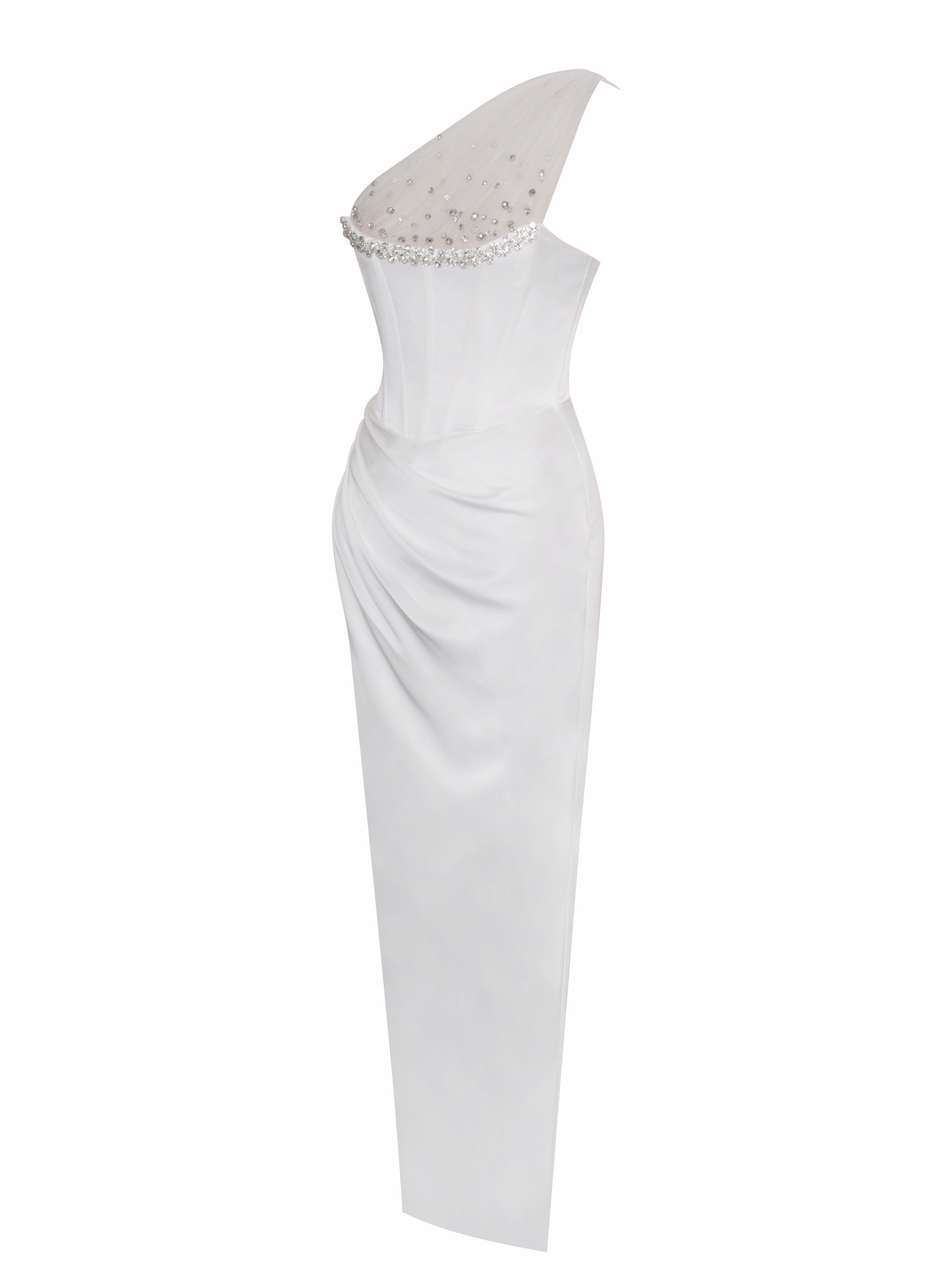 Lora White Crystal Embellished Mesh Satin Corset Gown Lora White Crystal Embellished Mesh Satin Corset Gown