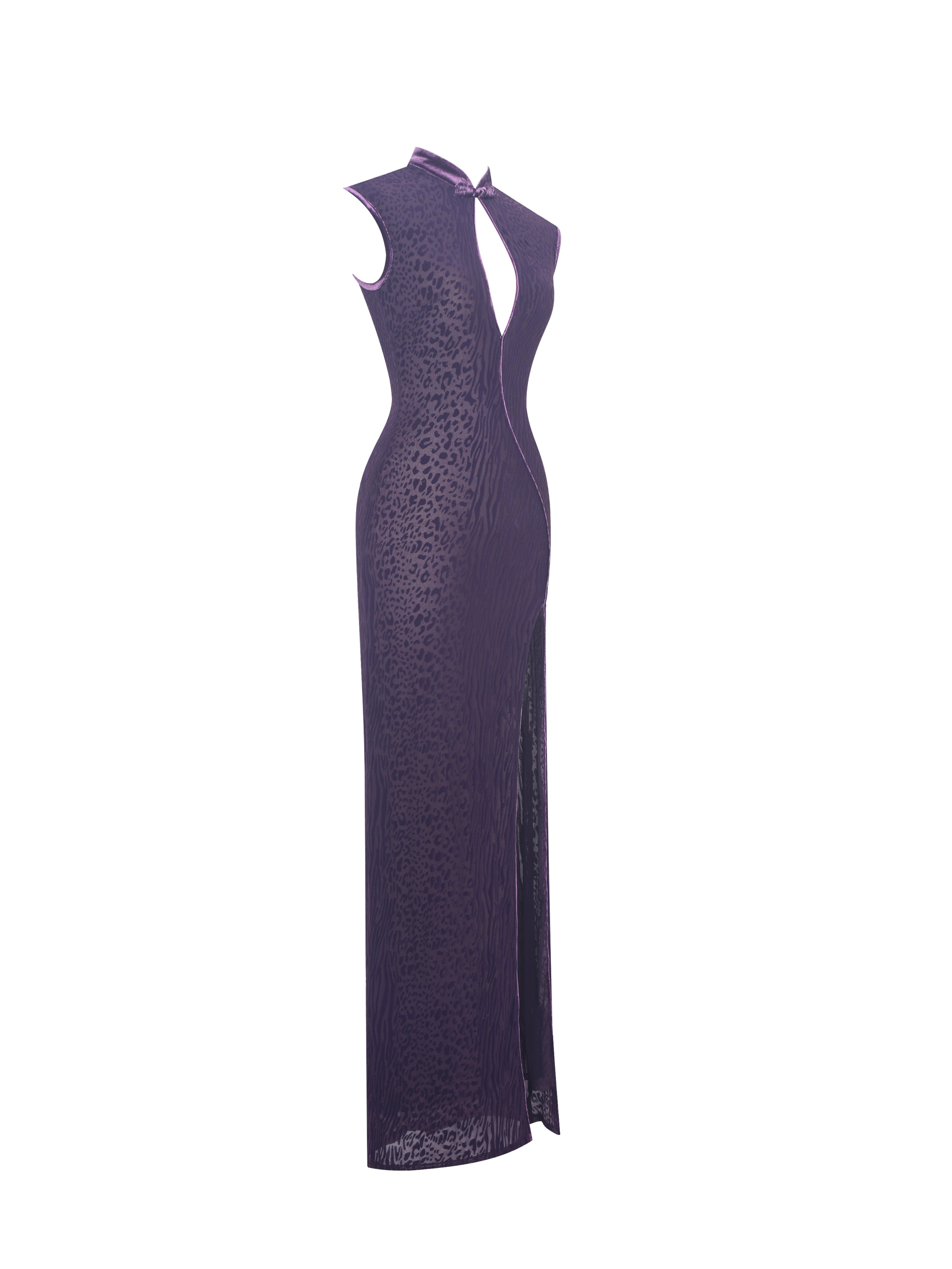 Riona Violet Burnout Velvet Mesh Keyhole Maxi Dress