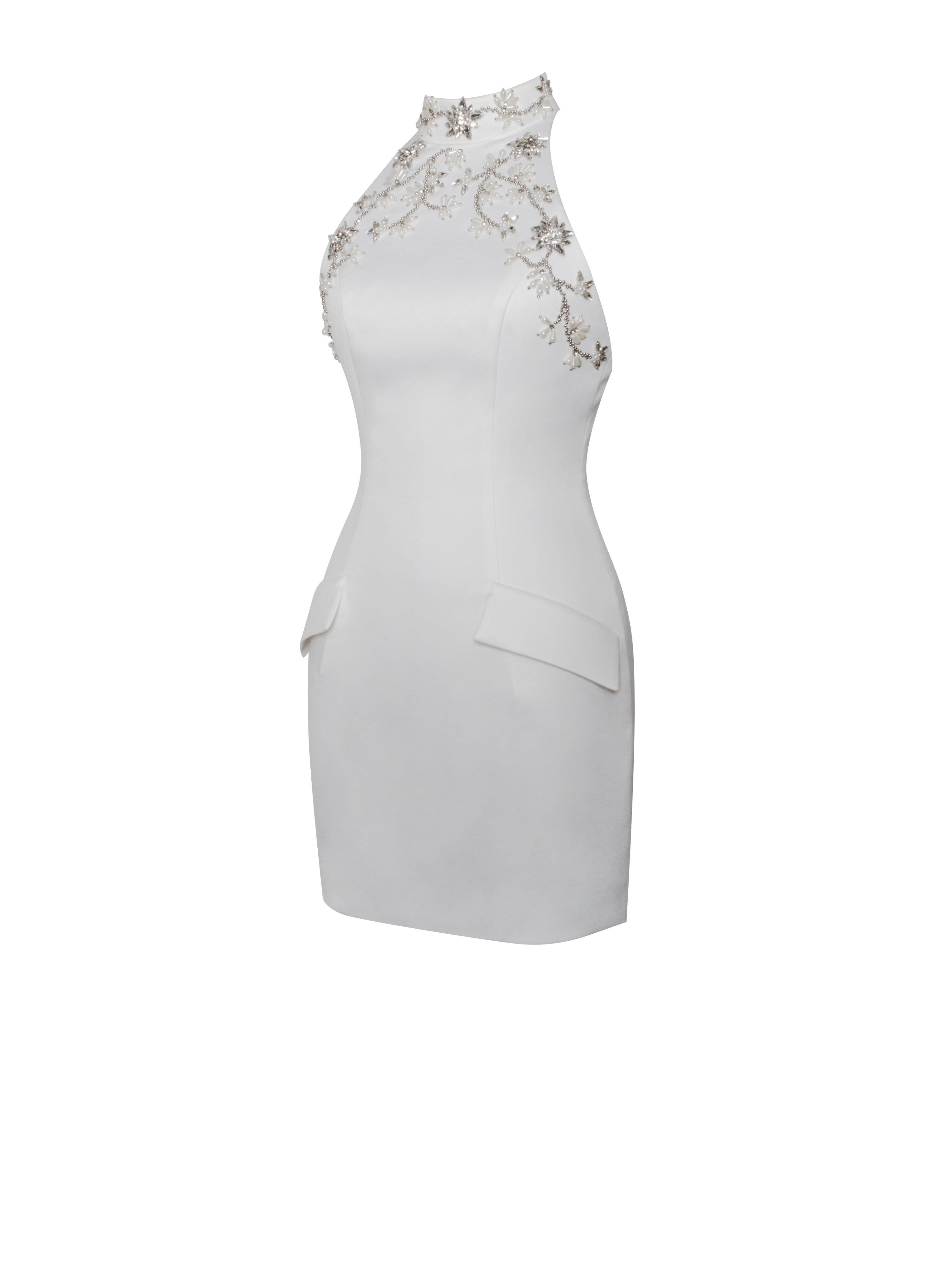 Ori White Halter Neck Crystal Pearl Mini Dress