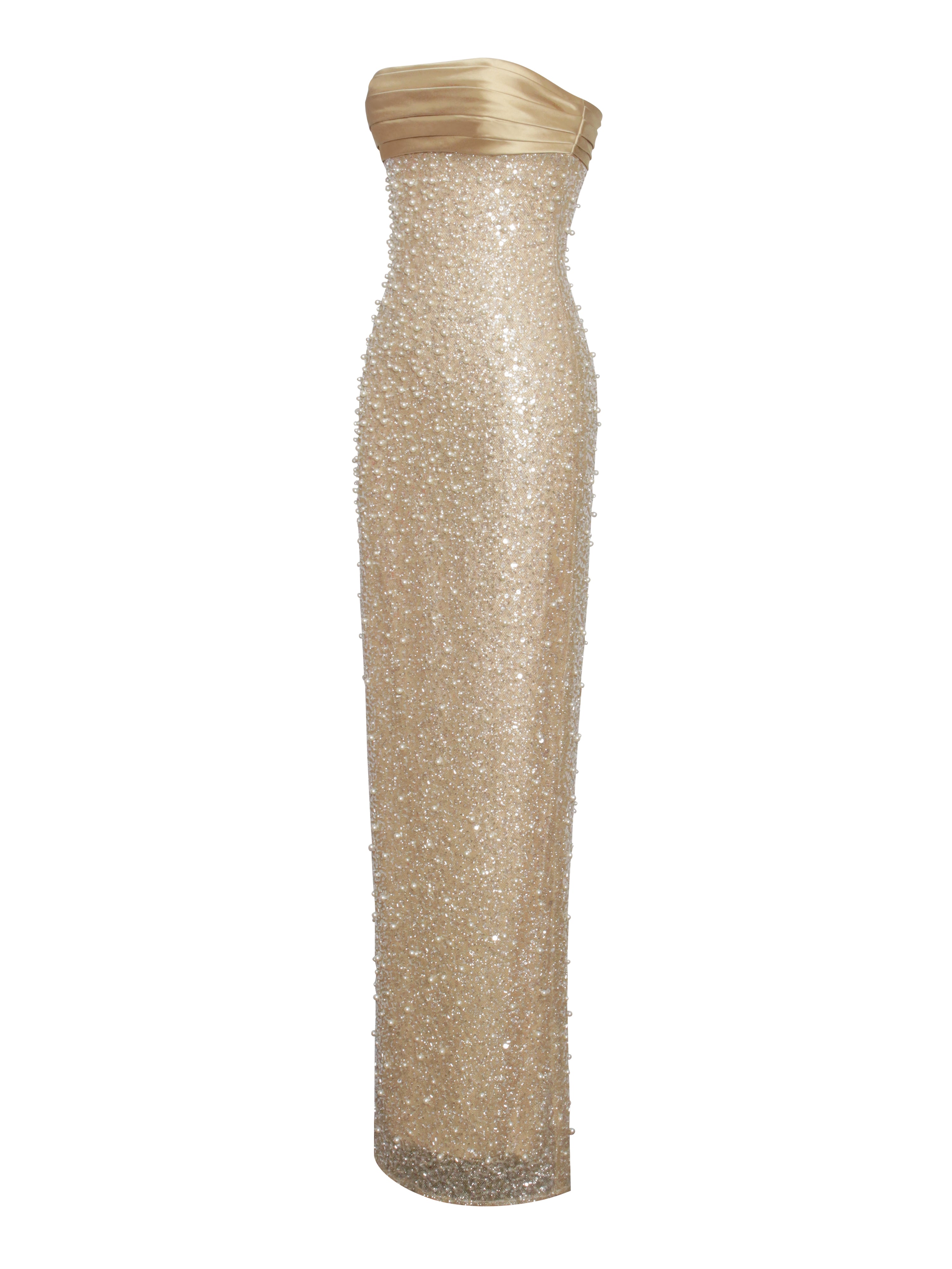 Lainey Gold Satin Sequin Pearls Beaded Maxi Dress Lainey Gold Satin Sequin Pearls Beaded Maxi Dress