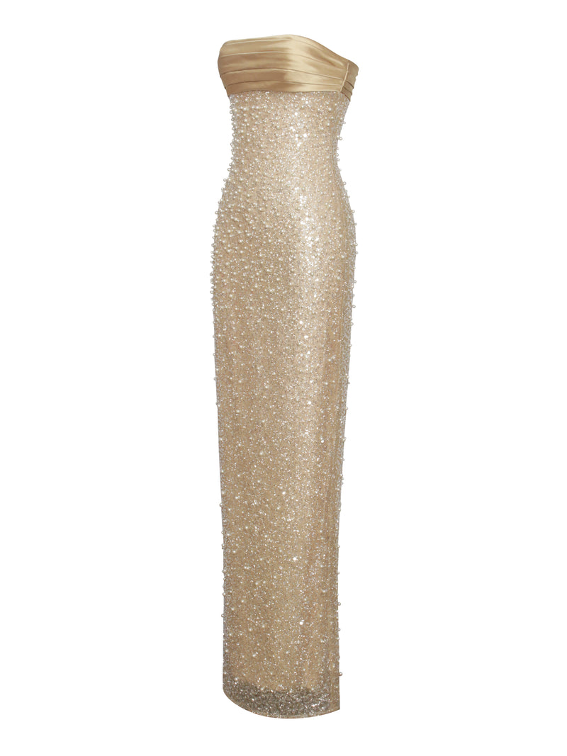 Lainey Gold Satin Sequin Pearls Beaded Maxi Dress – Miss Circle