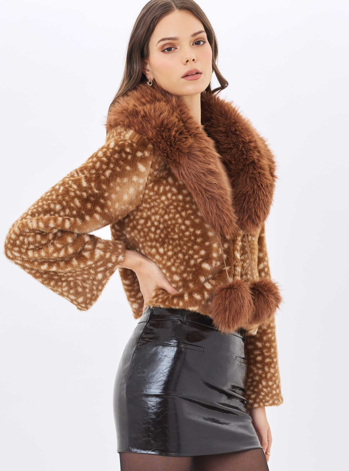 Mia Chestnut Faux Fur Bambi Print Mini Coat