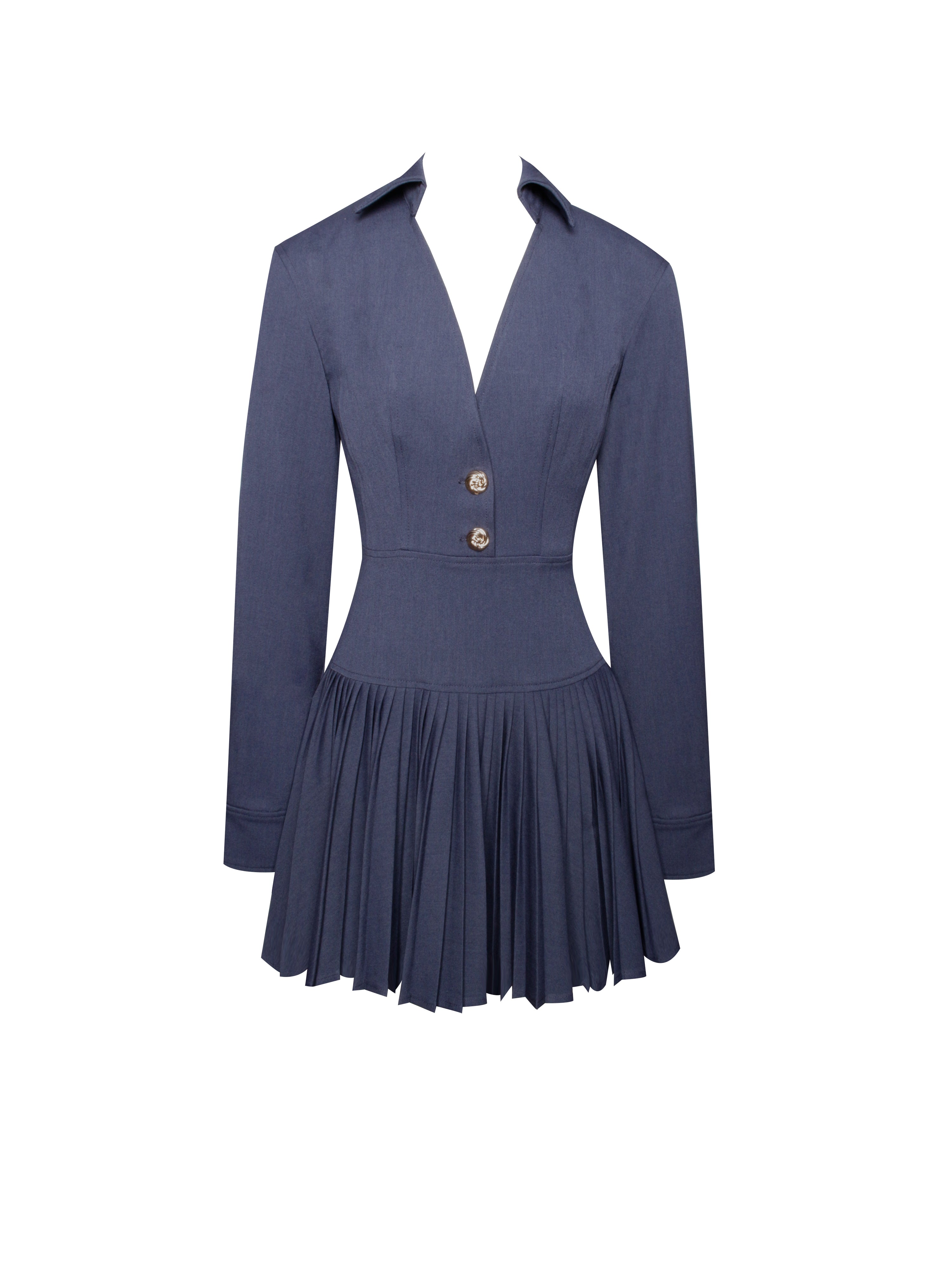 Valarie Navy Blue Denim Style Pleated Mini Dress