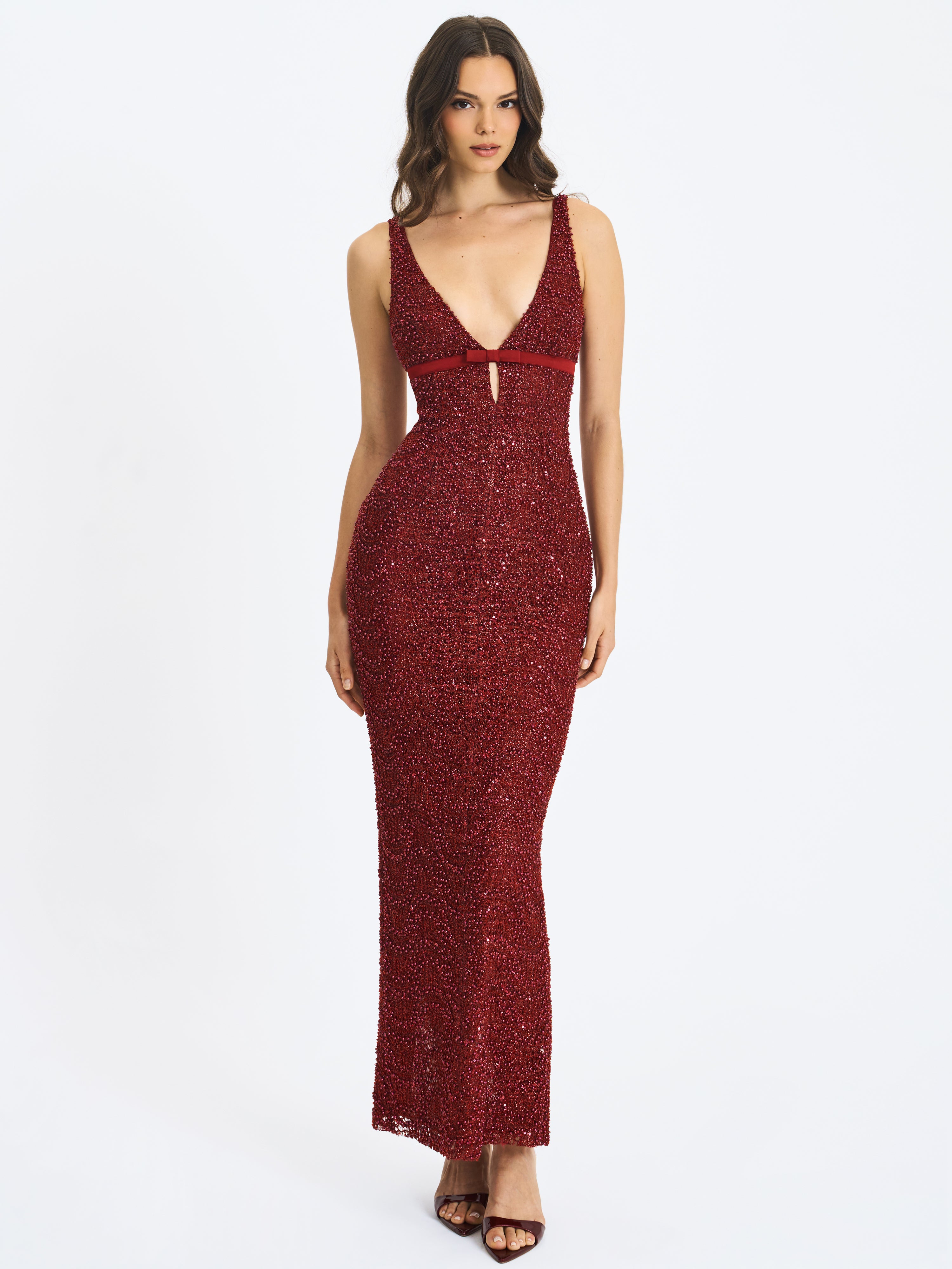 Elora Crimson Sequin Beaded Keyhole Maxi Dress