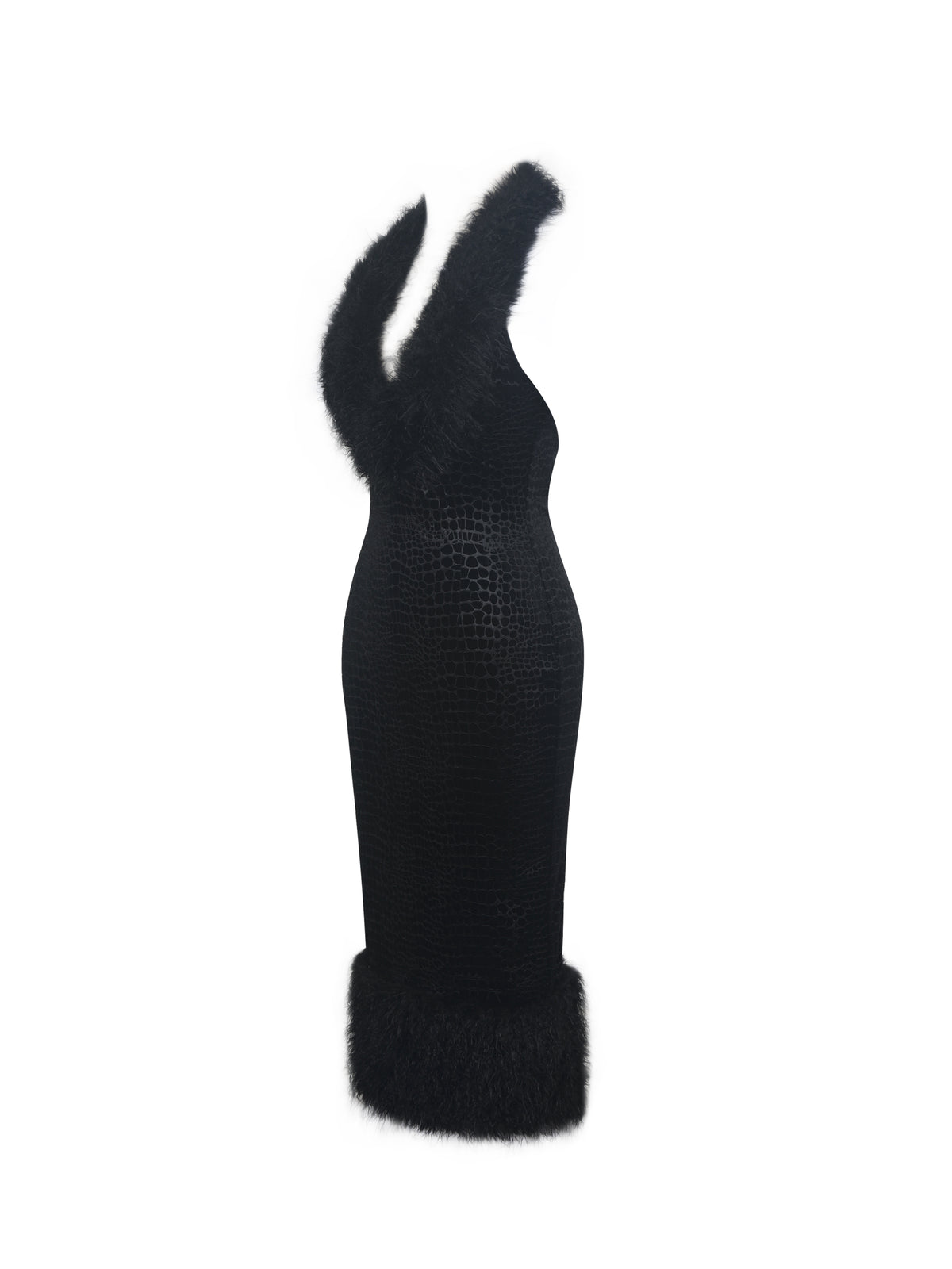 Onalee Black Croc-Embossed Velvet Fur Midi Dress
