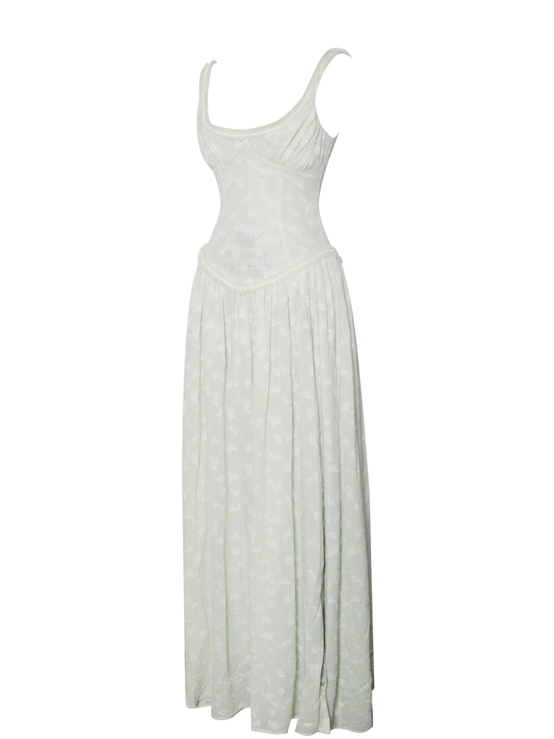 Ulissa Light Green Square Neck Jacquard Textured High Slit Maxi Dress