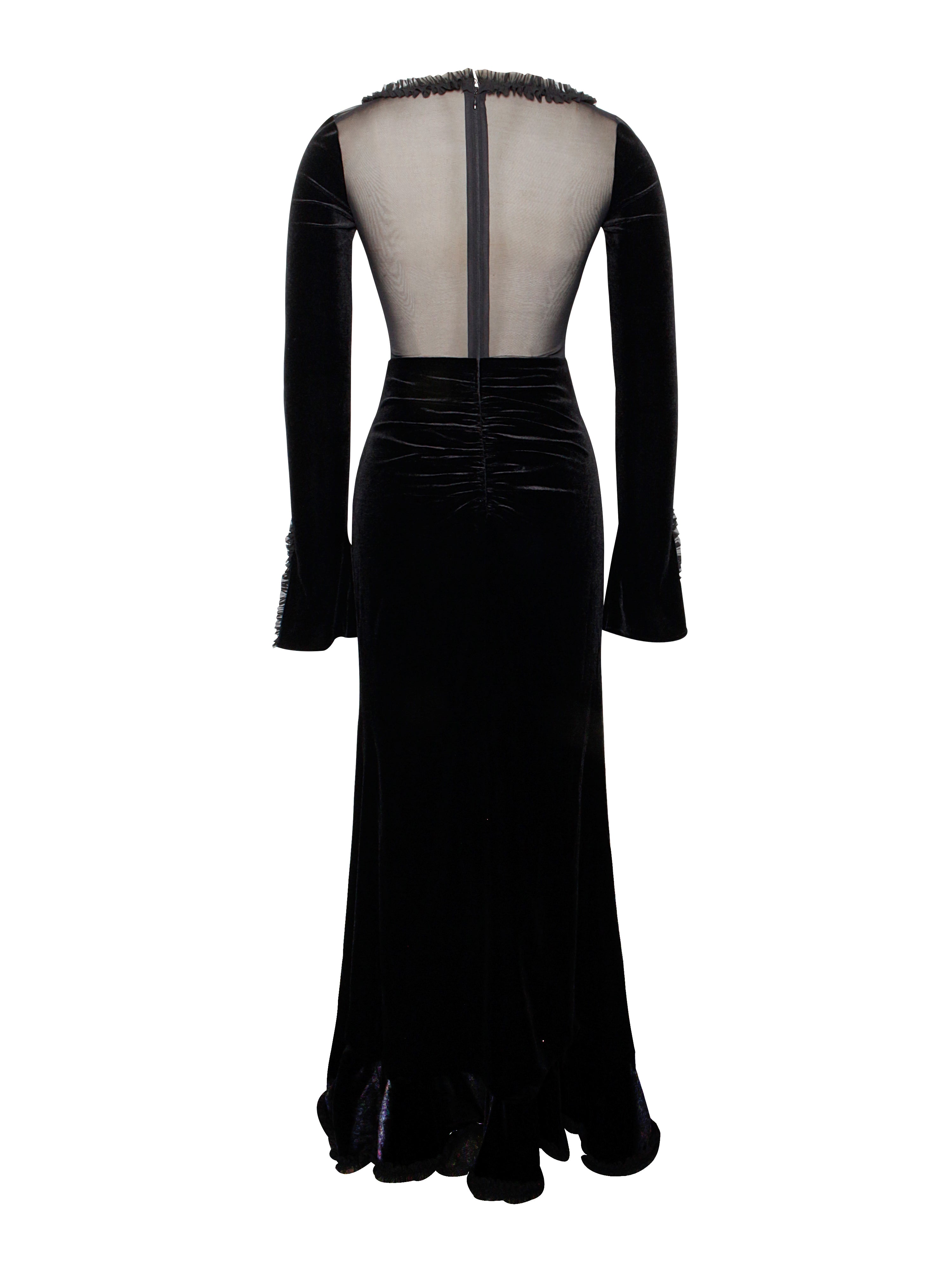 Maeve Black Velvet and Mesh Long Sleeve Maxi Dress