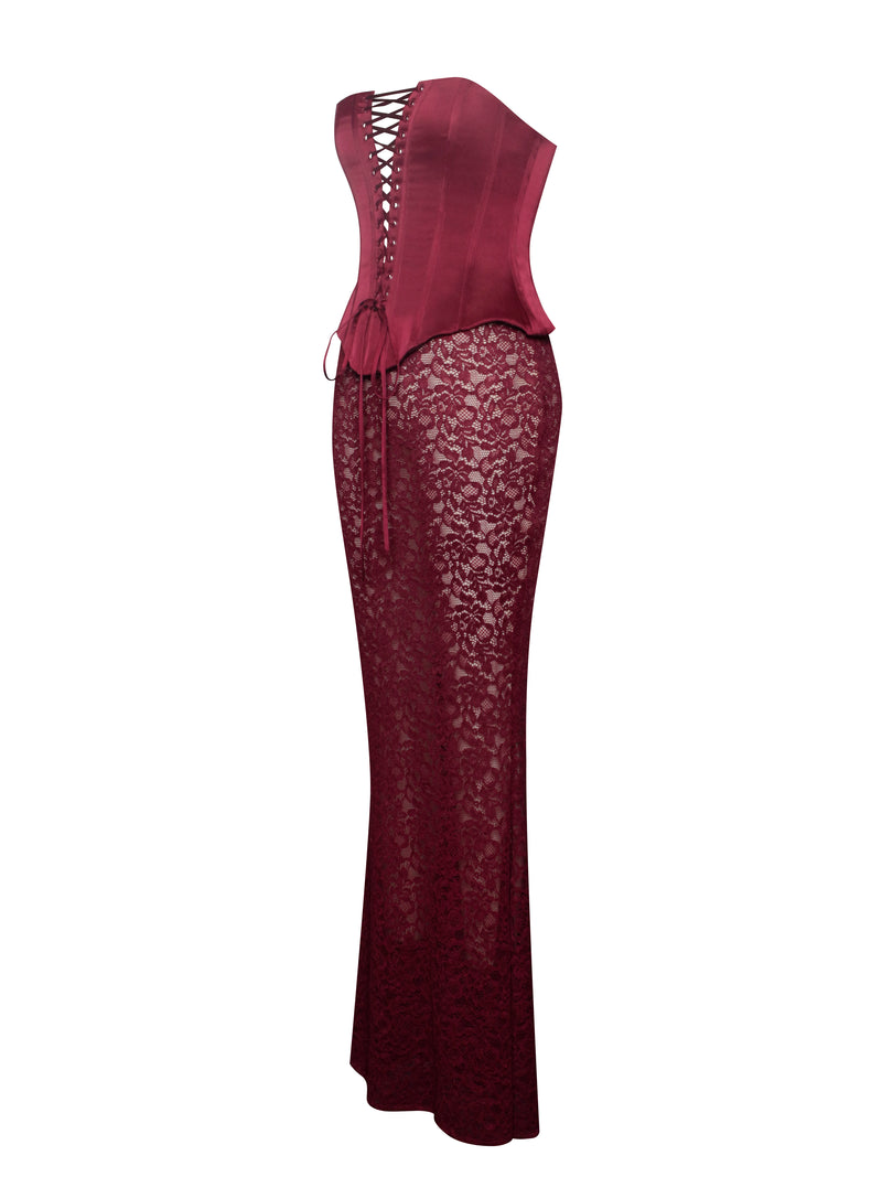 Lucinda Burgundy Satin Lace Corset Maxi Dress