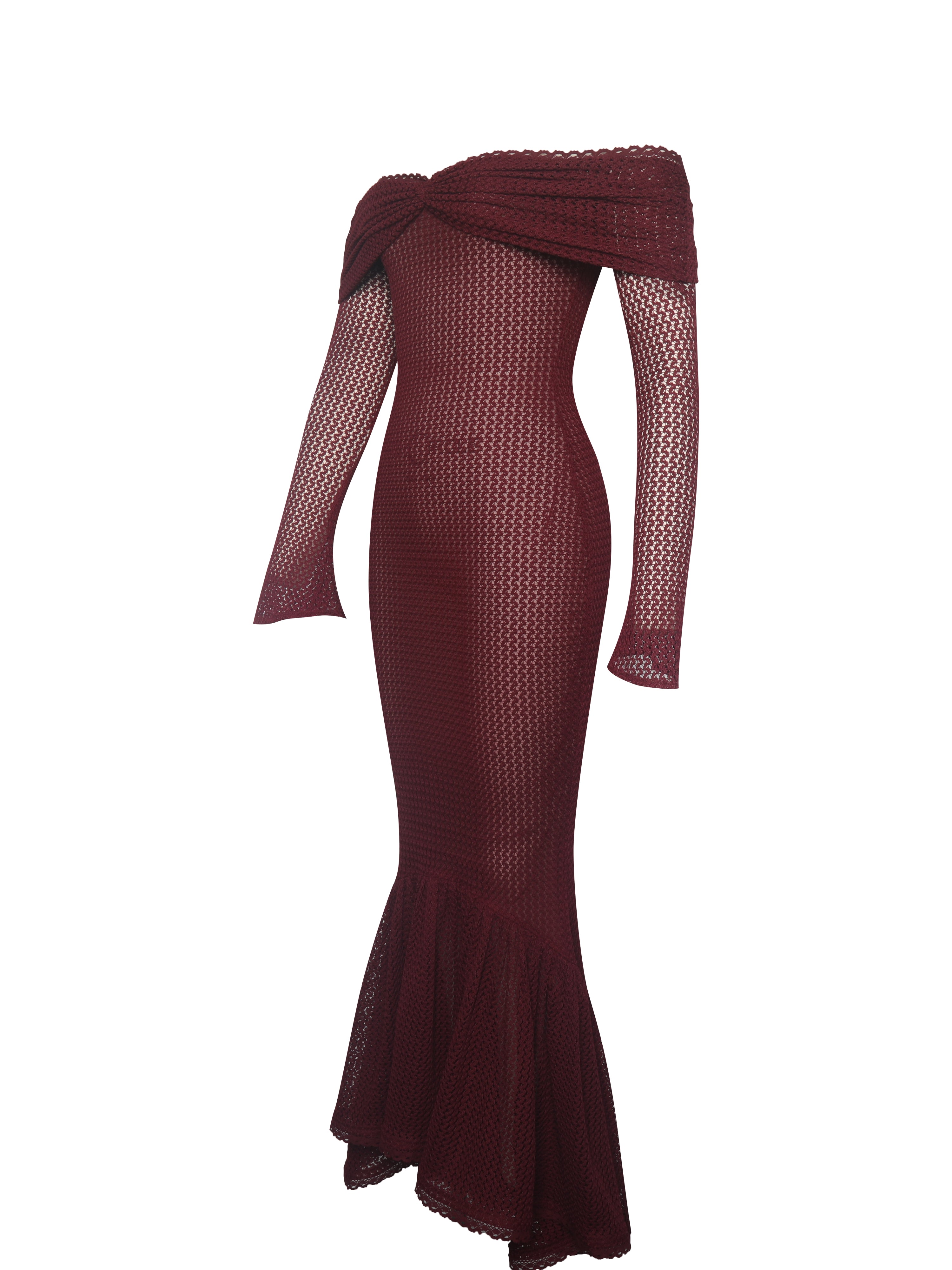 Kaedyn Burgundy Off Shoulder Long Sleeve Crochet Mermaid Maxi Dress