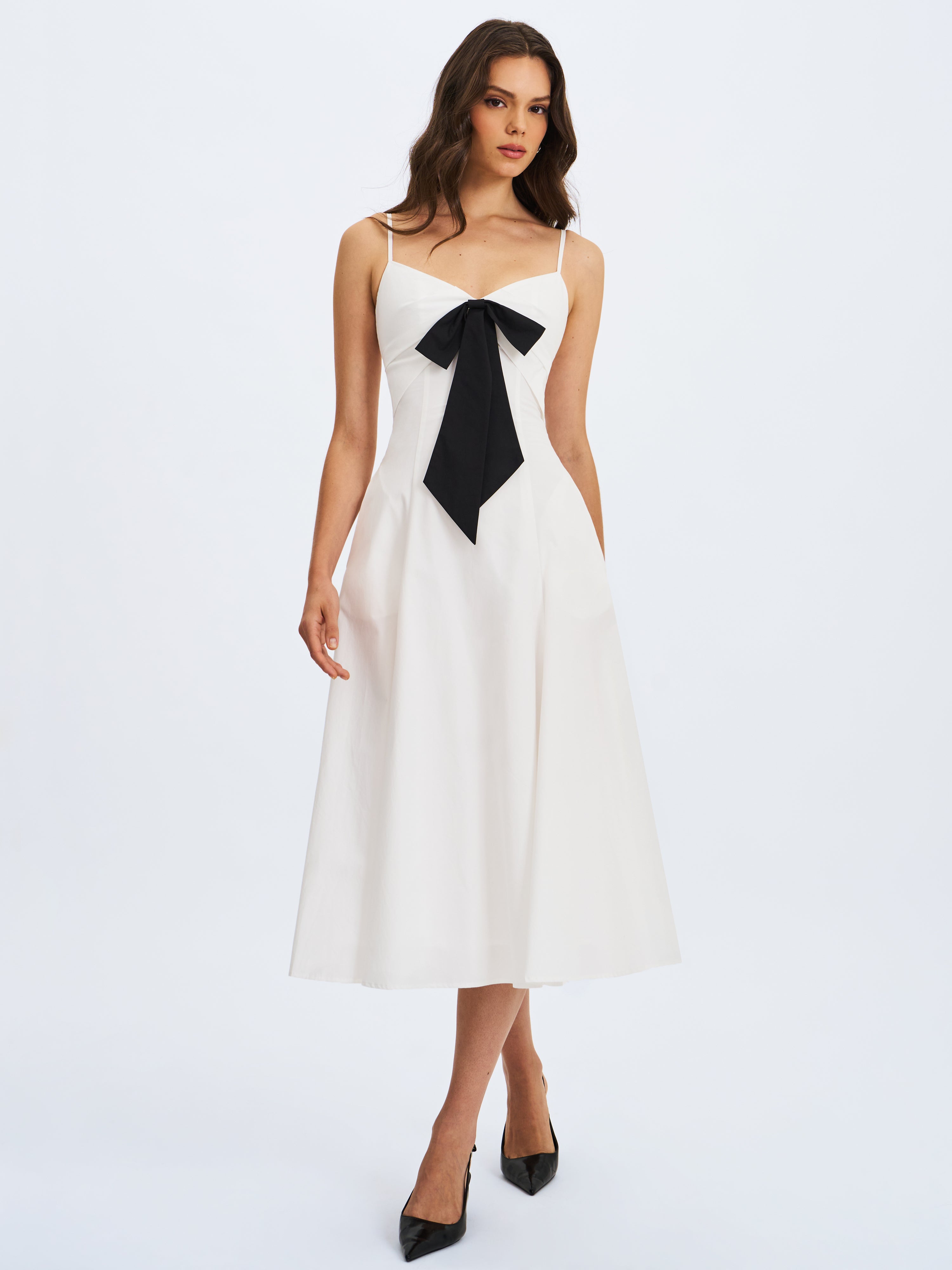 Corinne White Poplin Flared Maxi Dress with Removable Bow