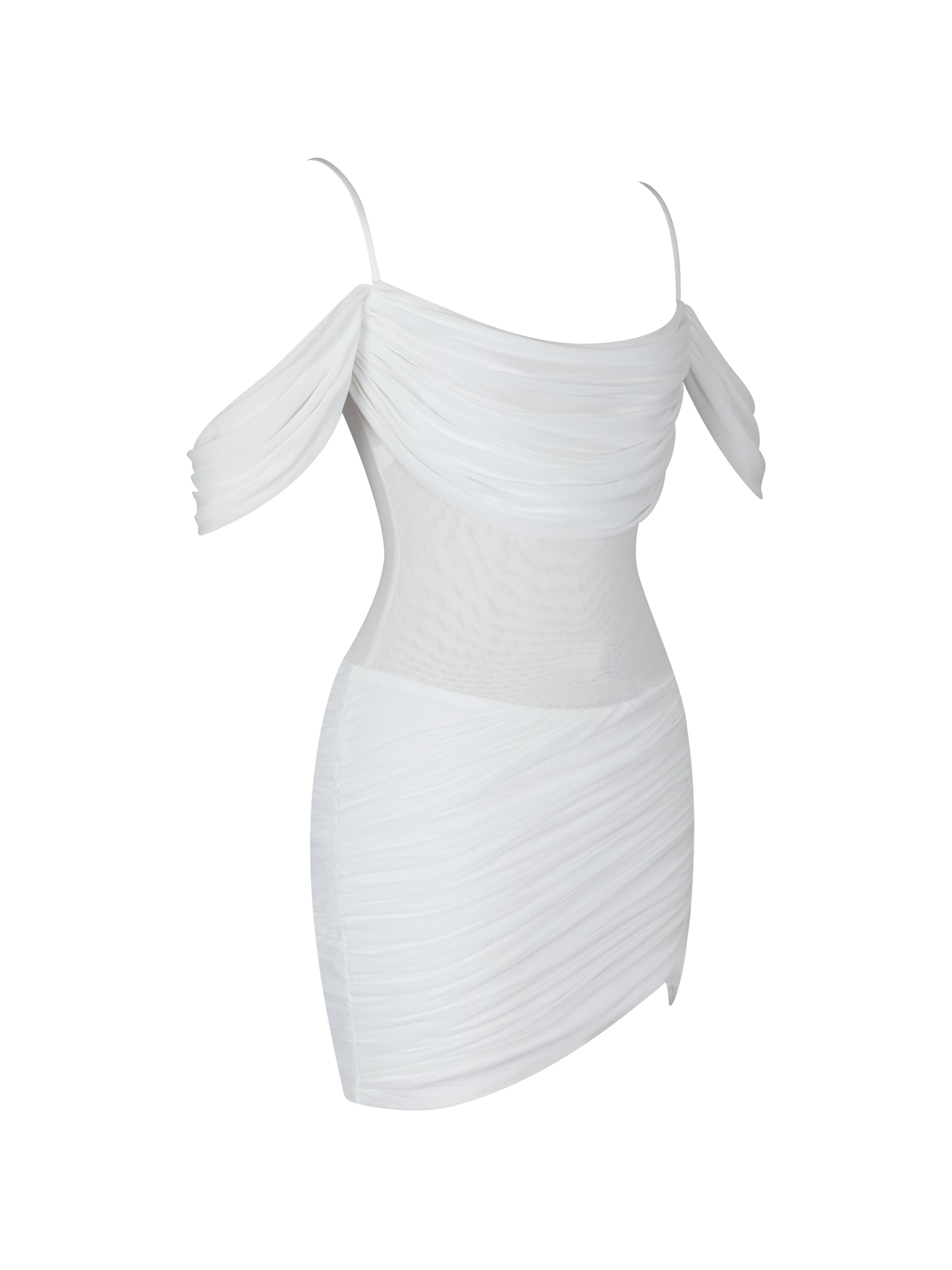 Umnia White Mesh Off-Shoulder Drape Mini Dress