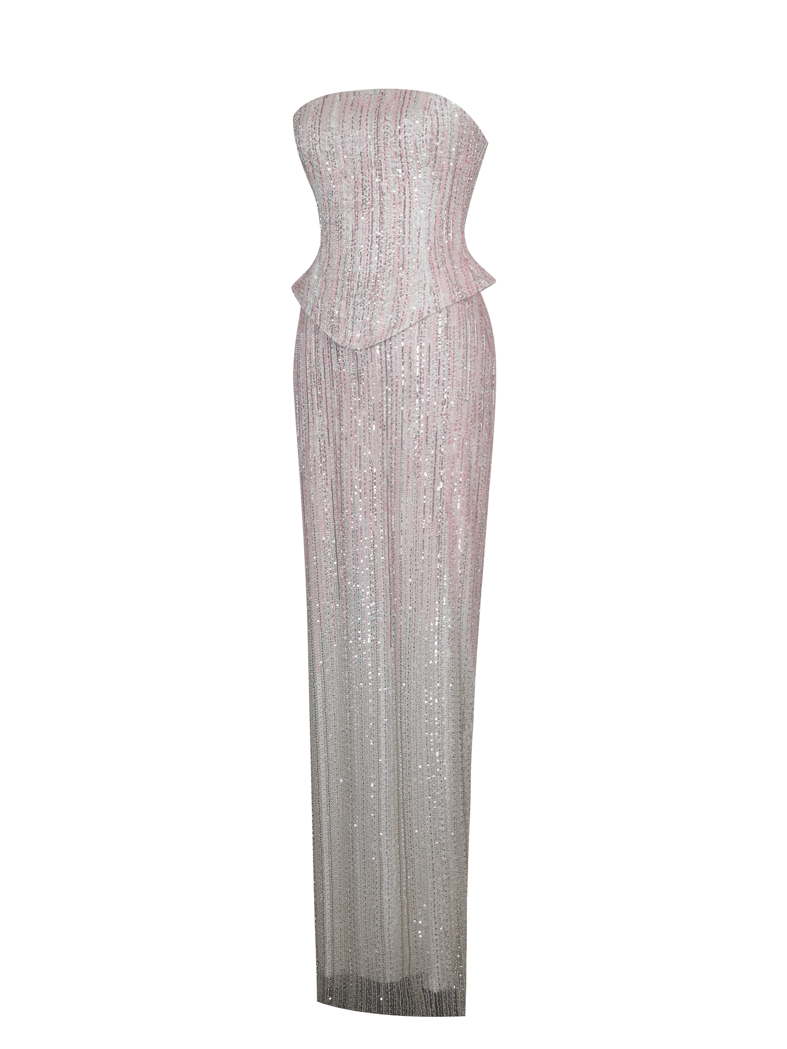 Tosca Beaded Blush Gradient Strapless Peplum Maxi Dress