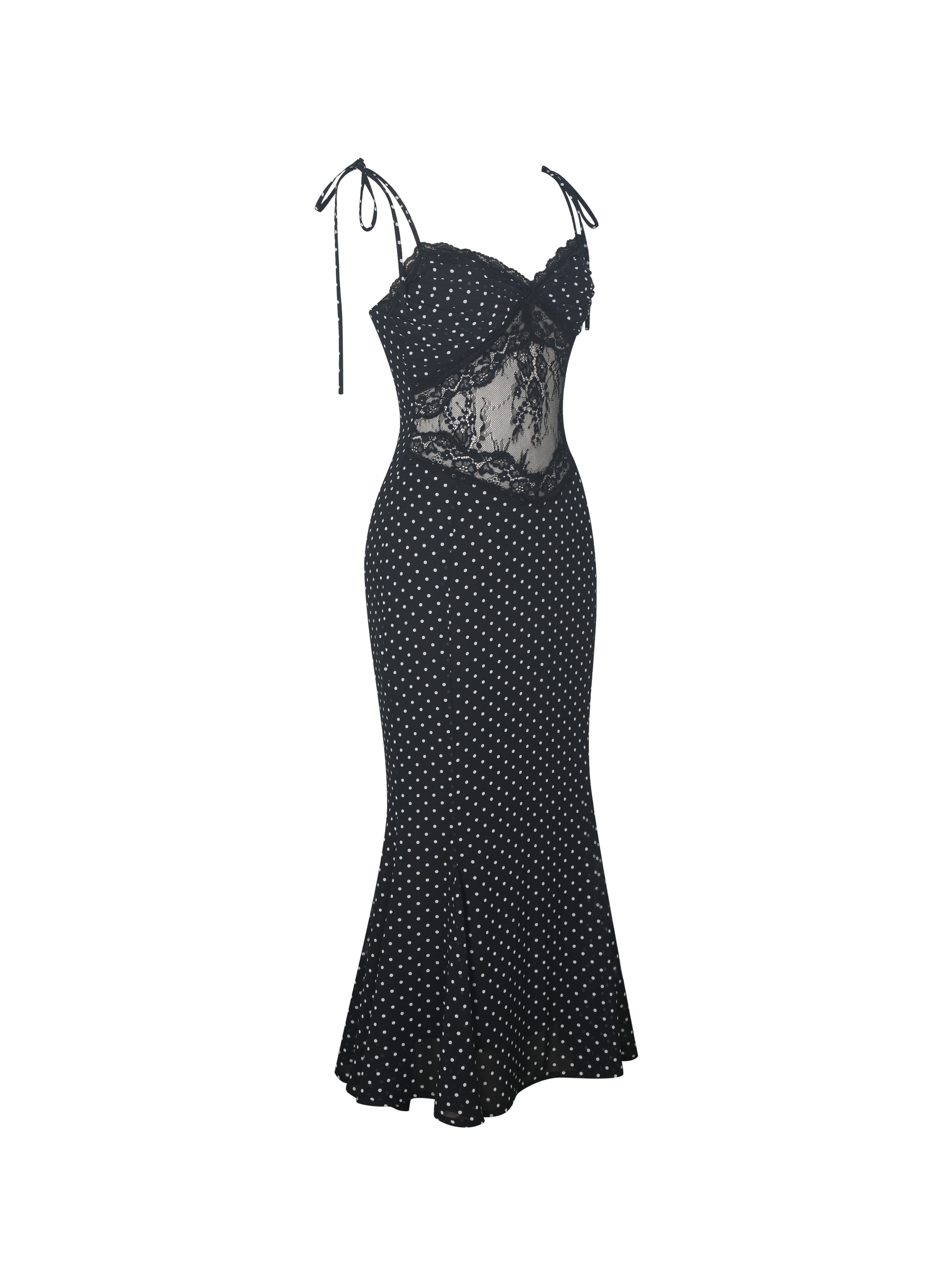 Zehra Black Polka Dot Chiffon Lace Cutout Mermaid Midi Dress