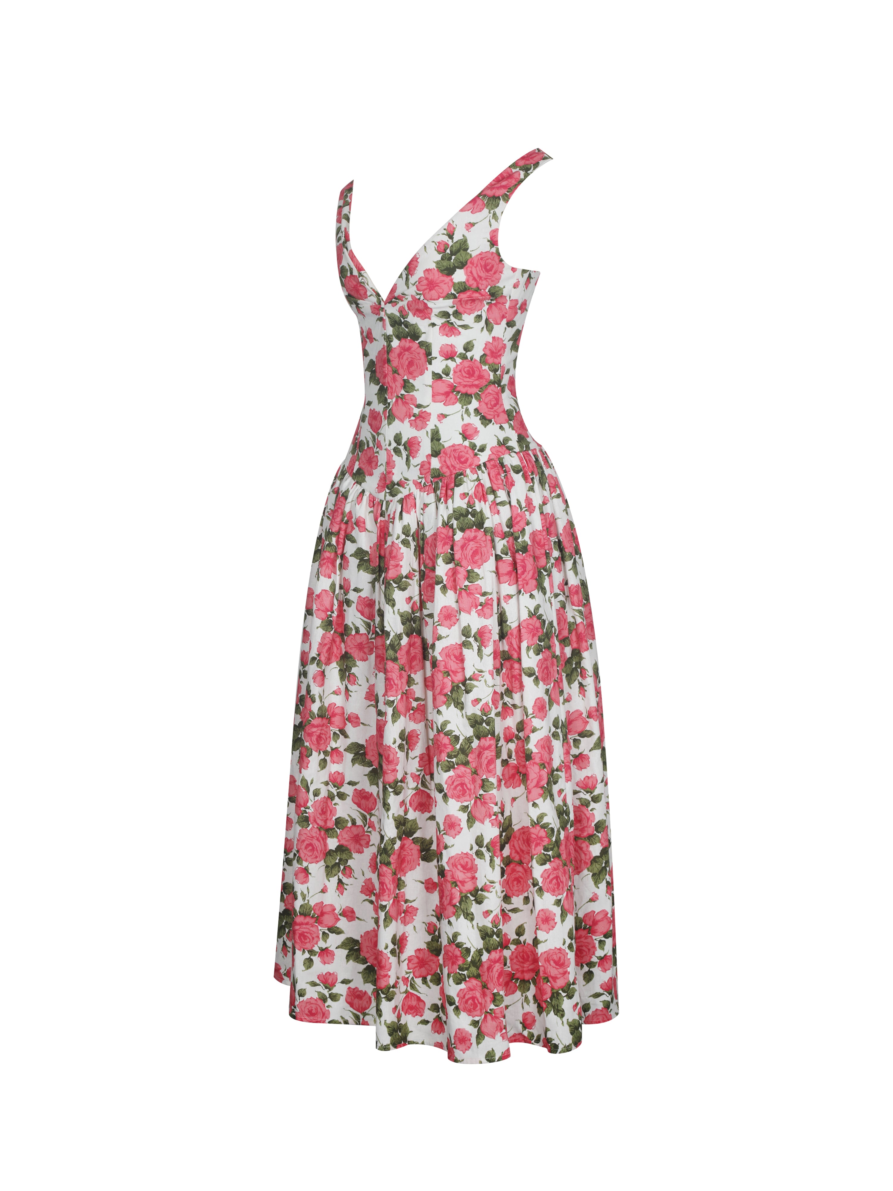 Wilfreda Blooming Pink Floral Linen Sweetheart Midi Dress