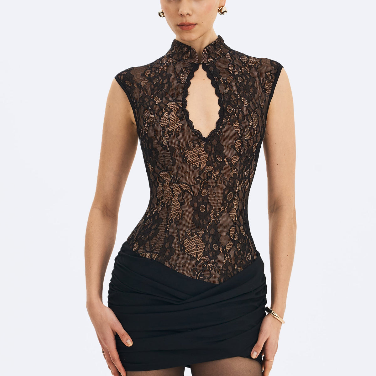 Miss Circle Women's Valerie Lace Teardrop Neckline Ruched Mini Dress - Black