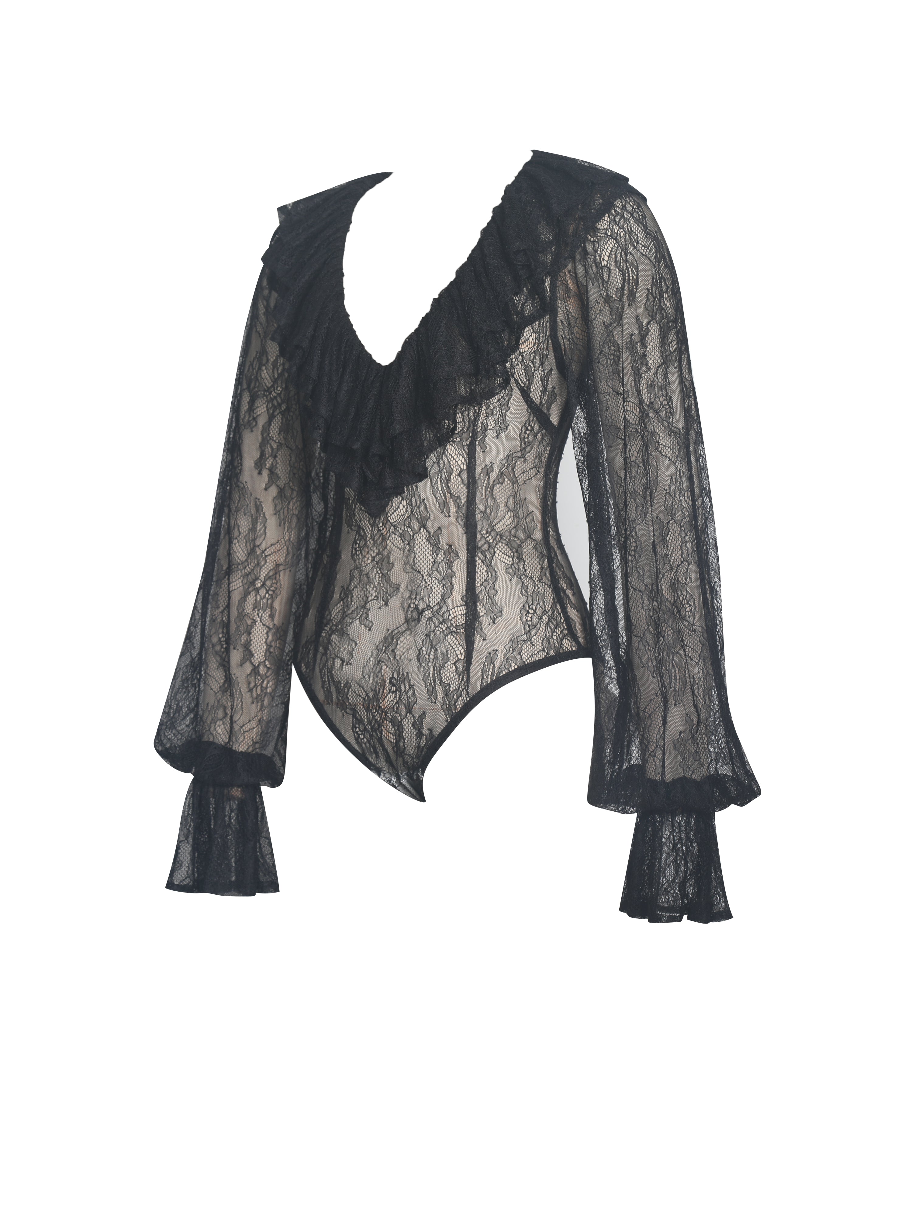 Taliah Black Sheer Lace Ruffled Collar Bodysuit