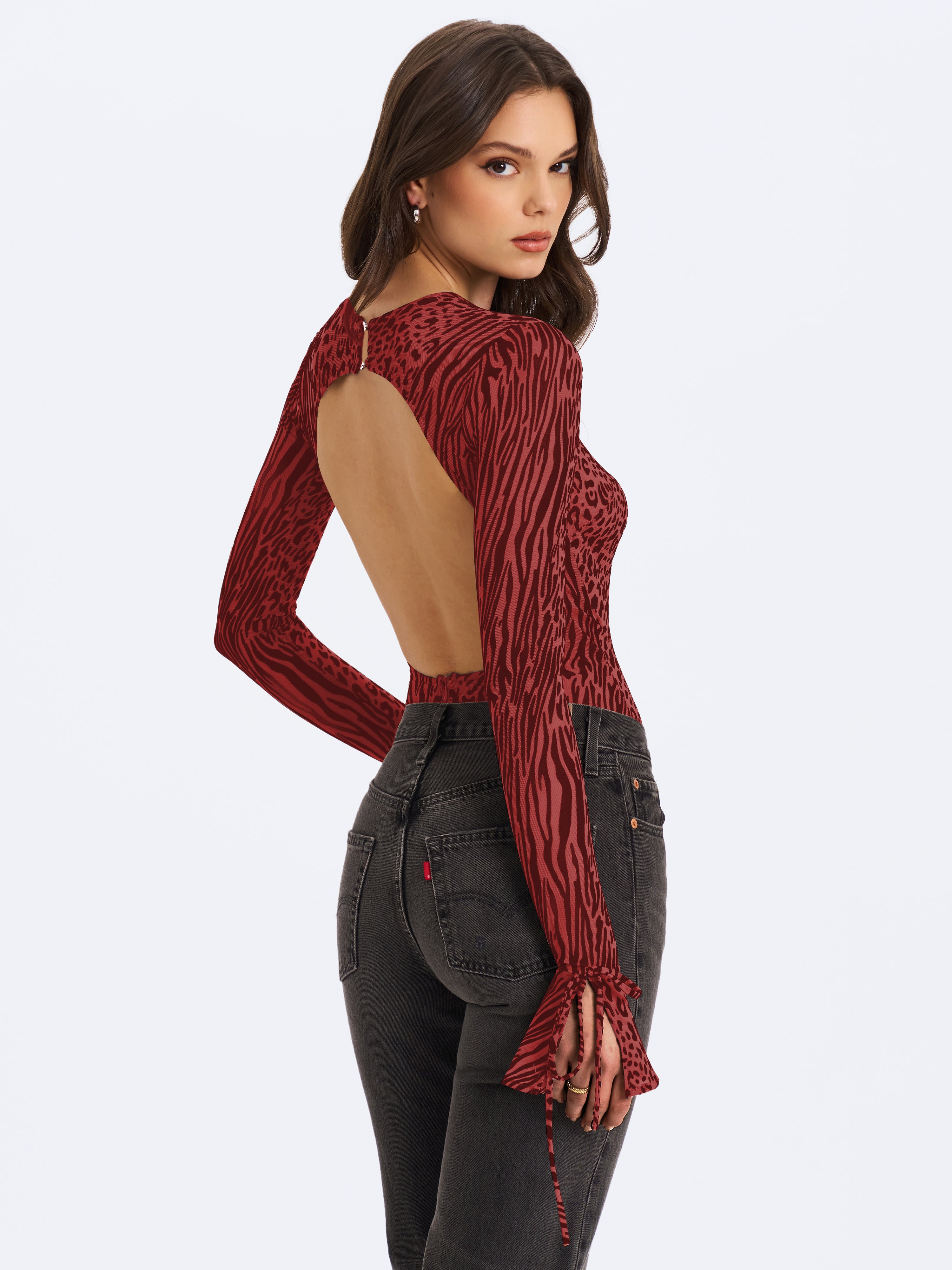 Ibera Burgundy Animal Print Burnout Velvet Long Sleeve Bodysuit