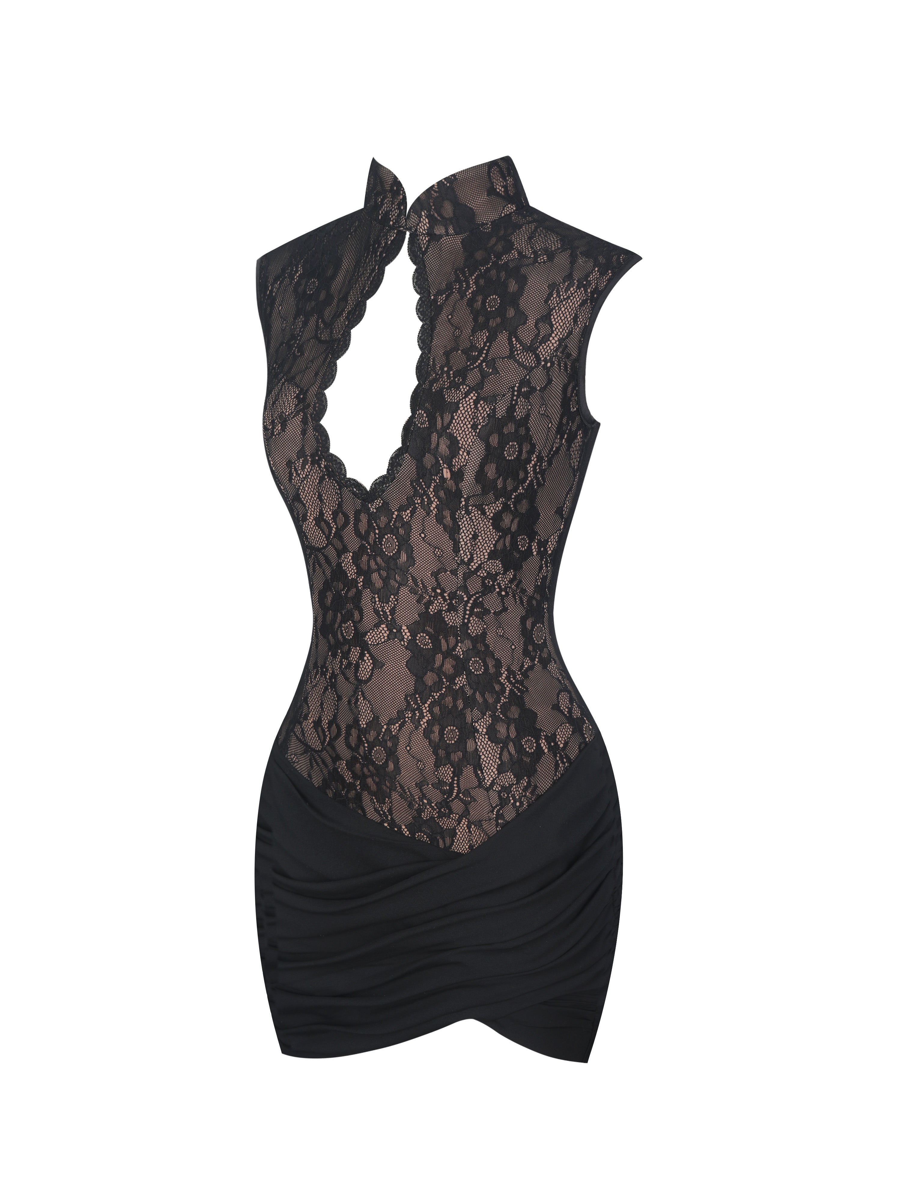 Valerie Black Lace Teardrop Neckline Ruched Mini Dress