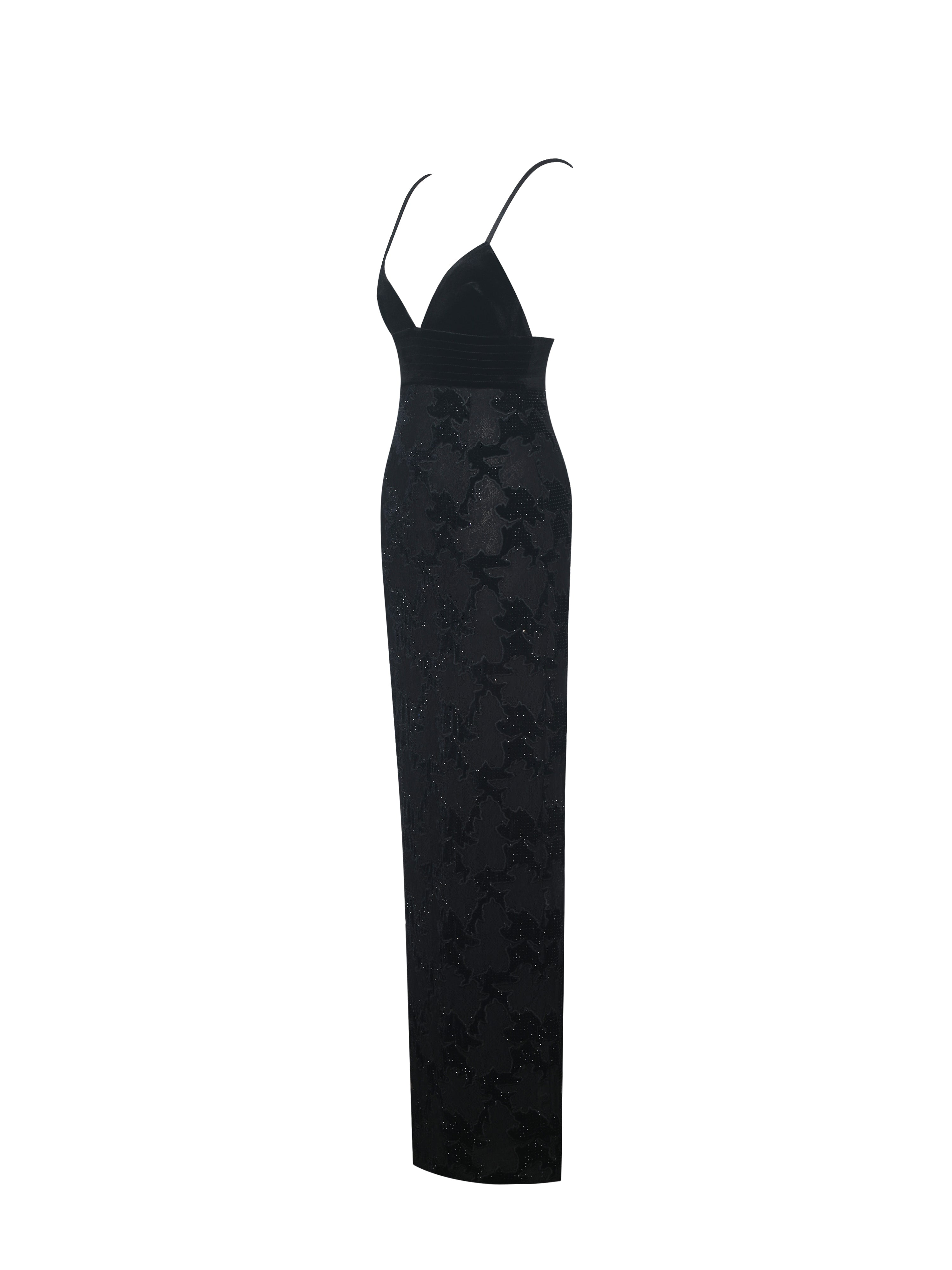 Quinsley Black Velvet Crystal Lace Maxi Dress