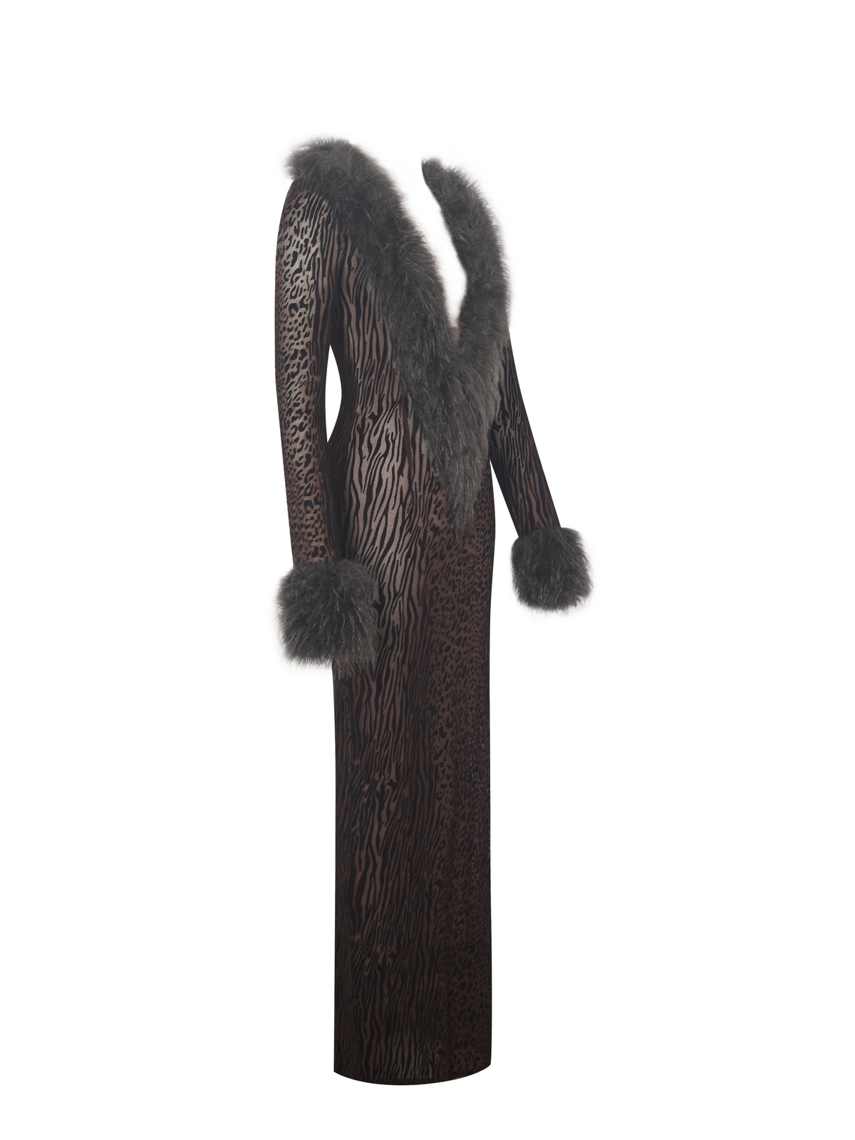 Luana Brown Plunging Fur Trimmed Burnout Mesh Maxi Dress