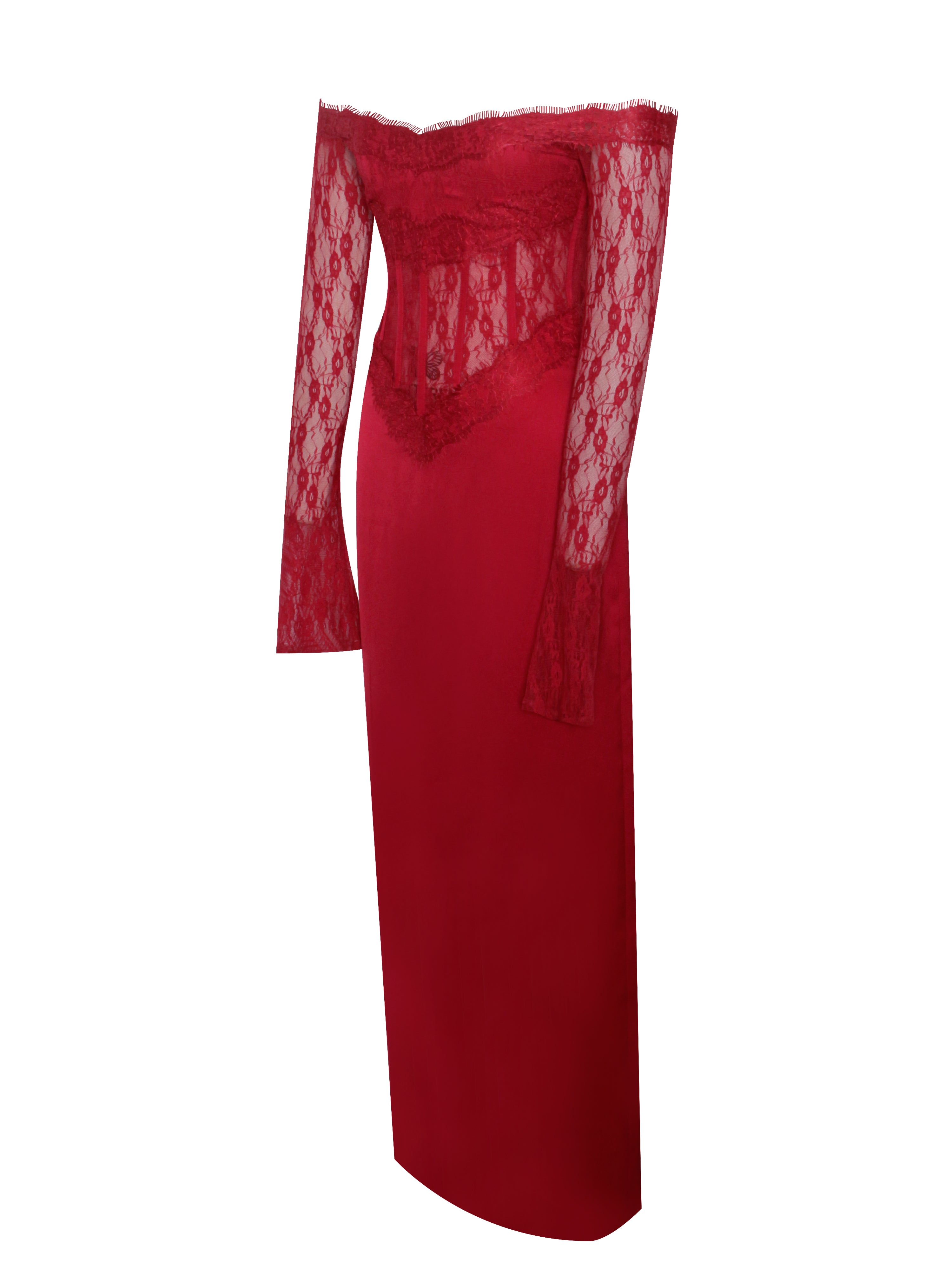 Nessa Red Lace Satin Corset Maxi Dress