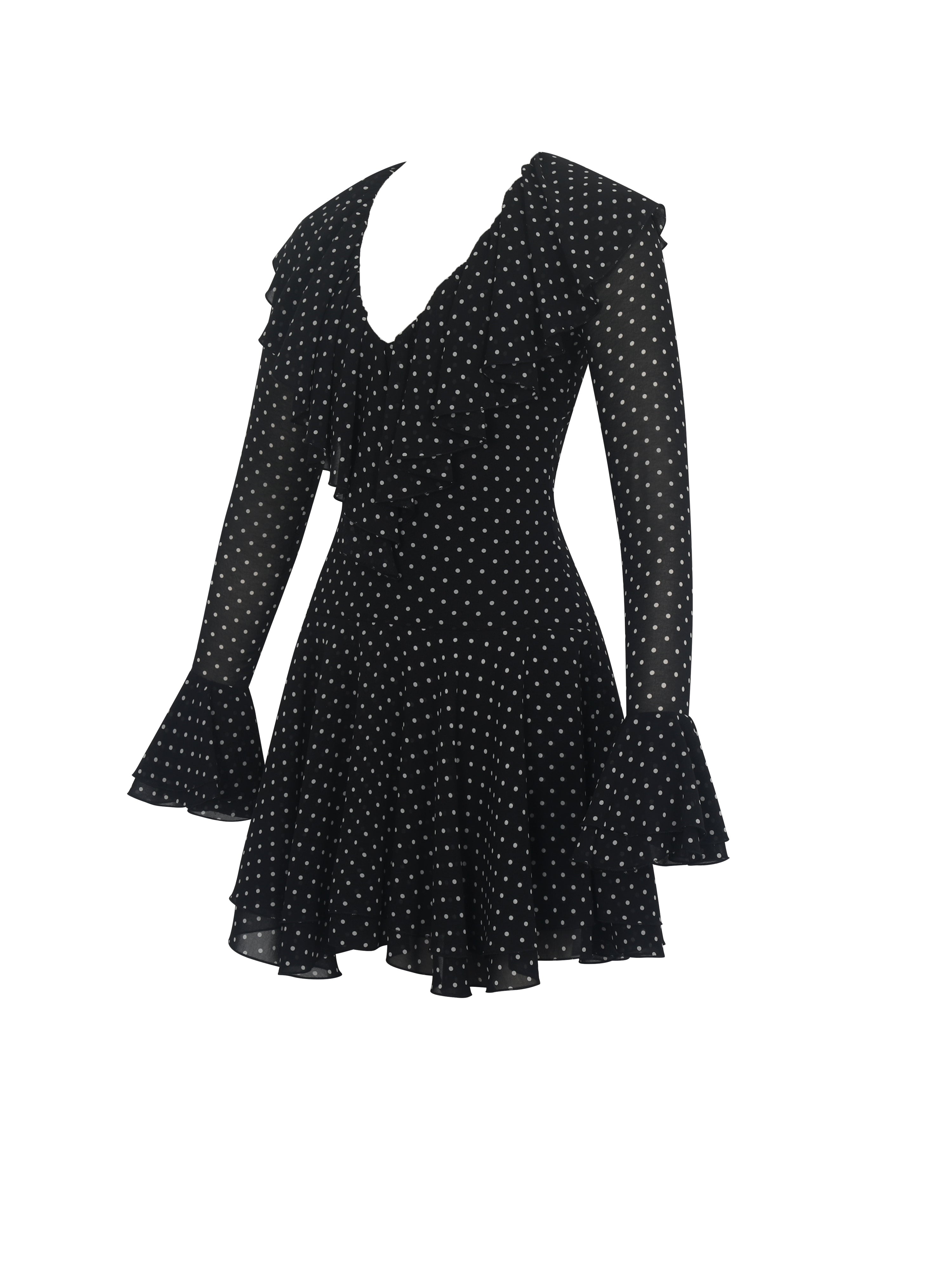 Omari Black Chiffon Polka Dot Ruffled Neckline Mini Dress