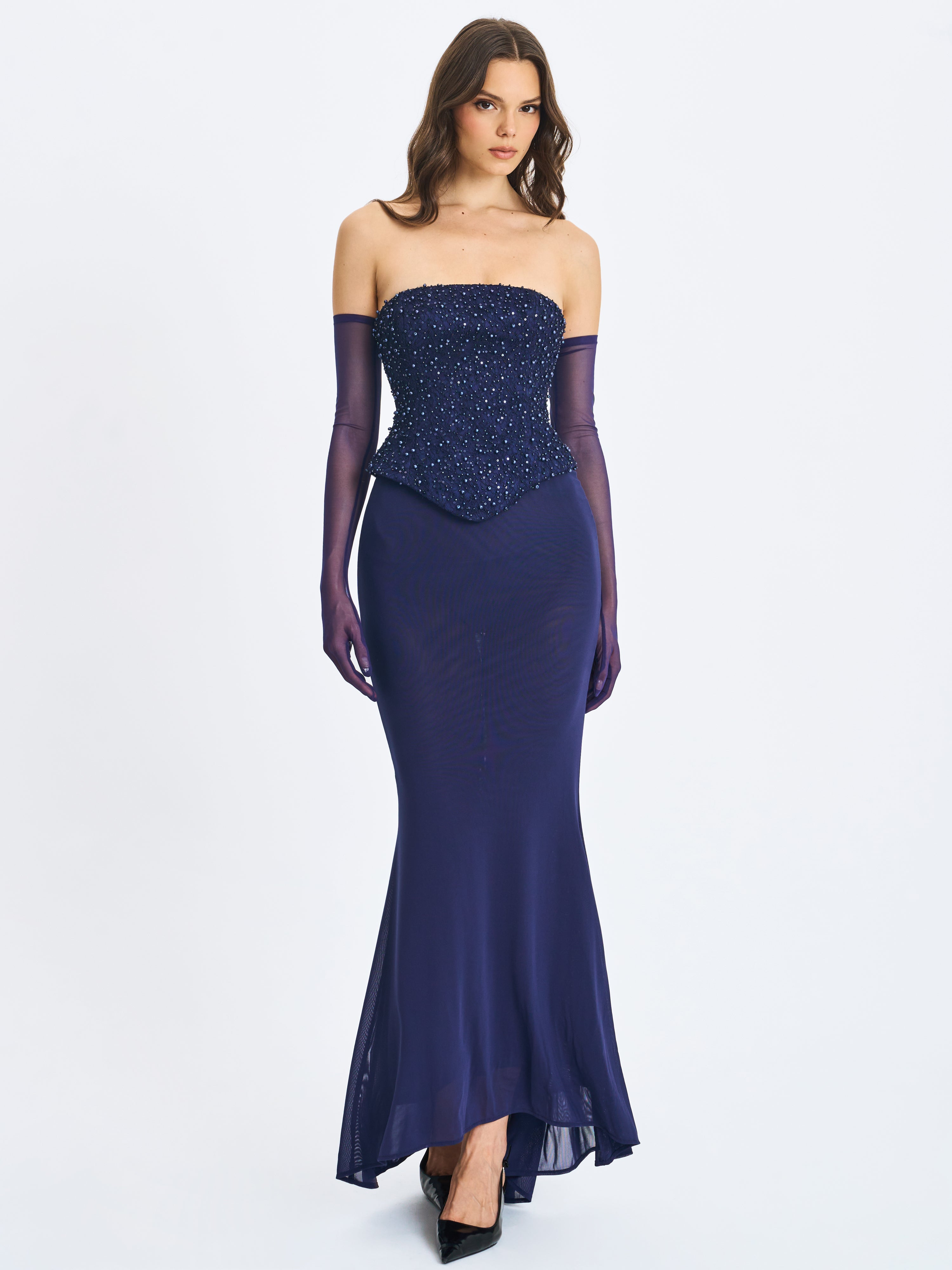 Orabelle Navy Beaded Peplum Mermaid Gown with Lace-up Back