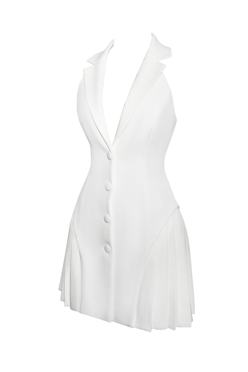 Reyna White Backless Pleated Mini Blazer Dress