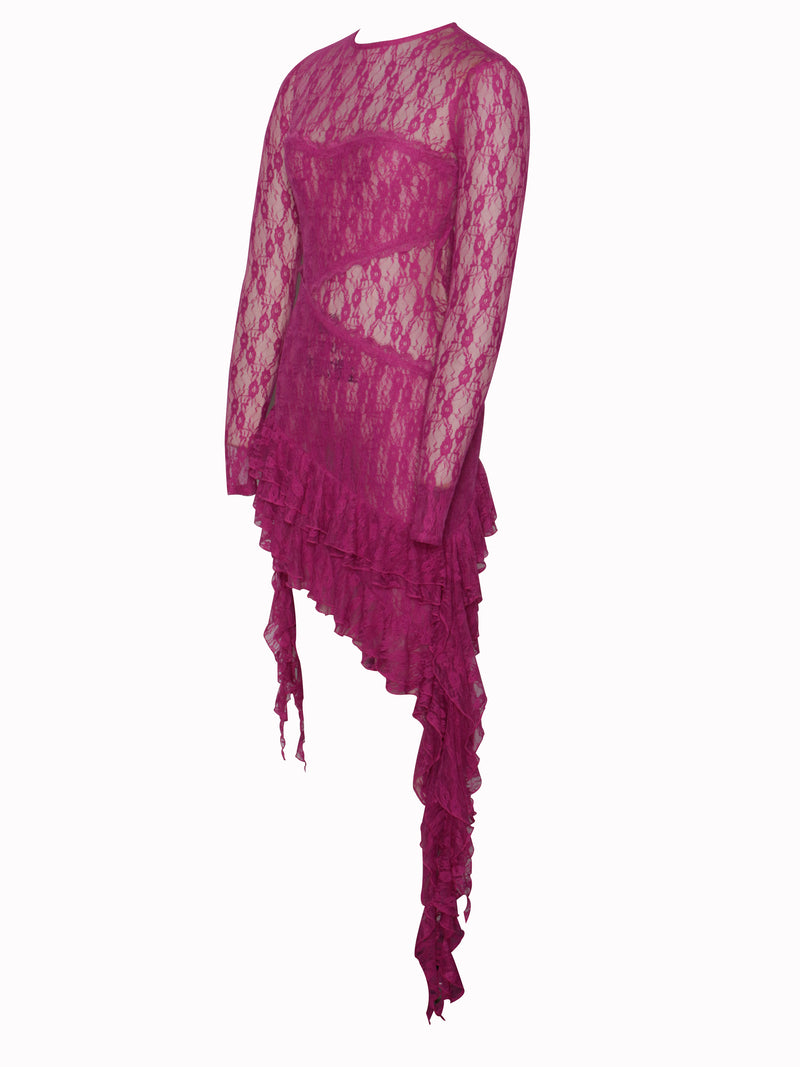 Omaira Fuchsia Lace Long Sleeve Ruffle Dress