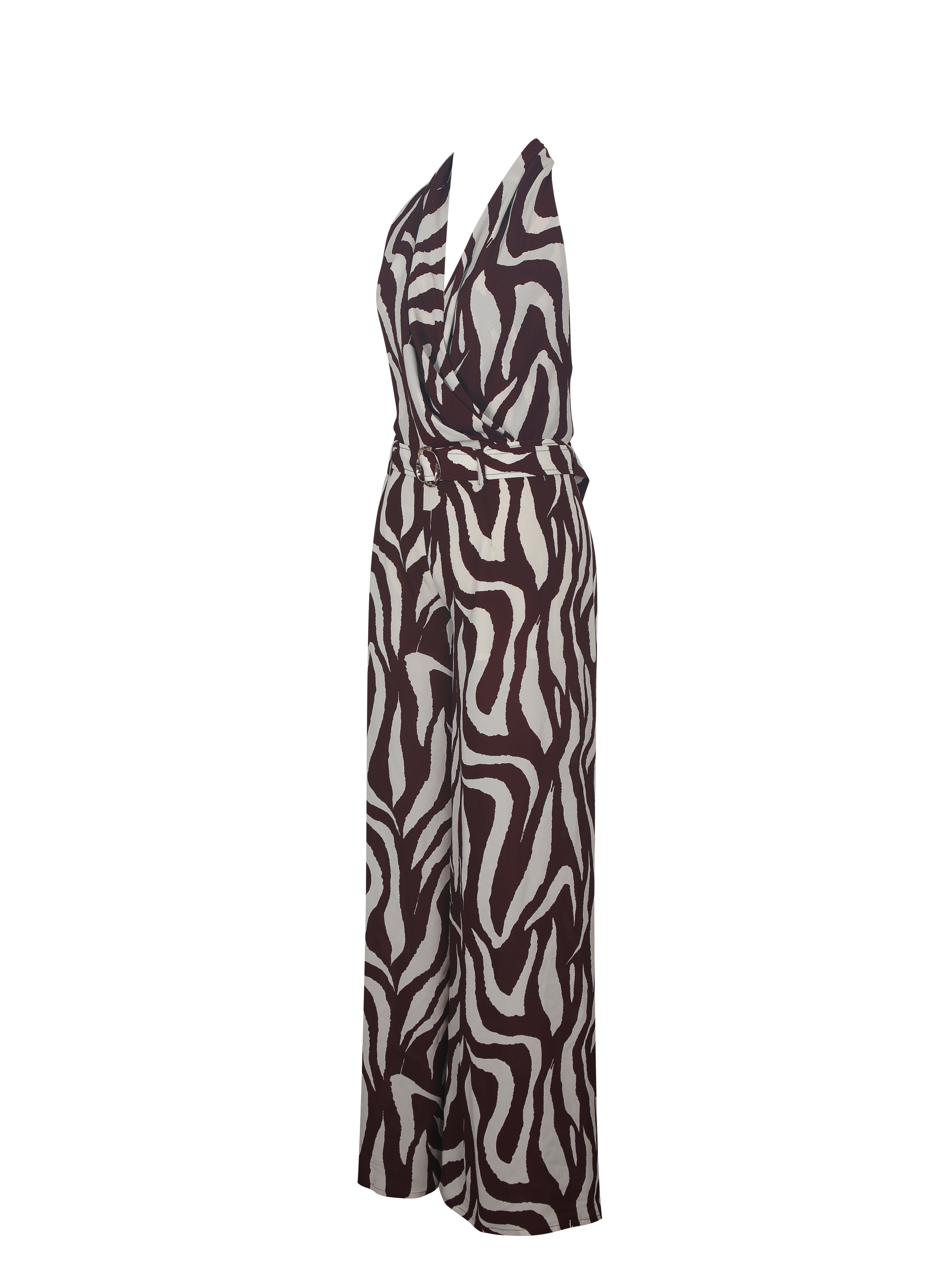 Ashlyn Burgundy & Beige Abstract Zebra Print Belted Halter Jumpsuit