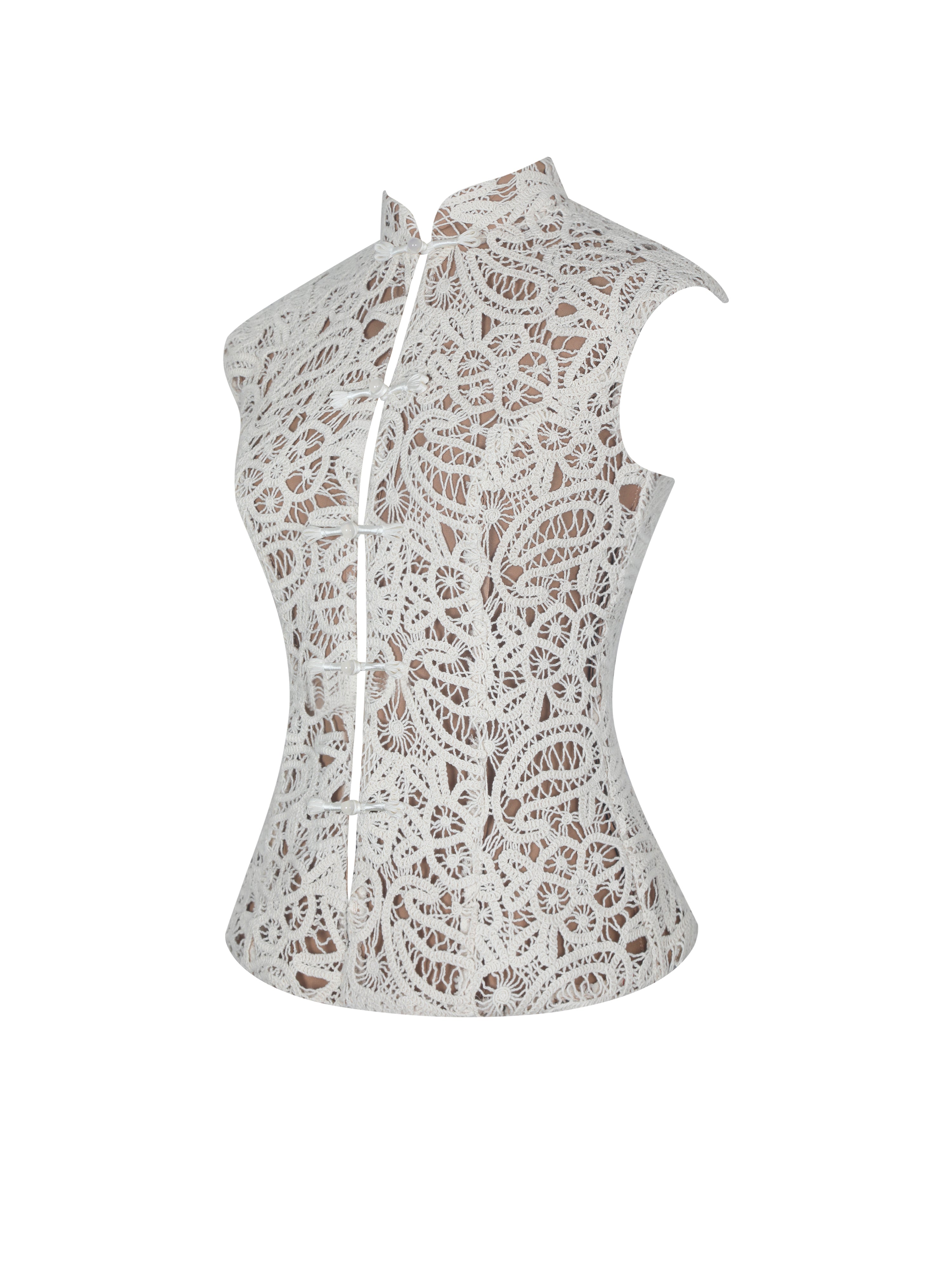 Rosetta Cream Cotton Crochet Mandarin Collar Top