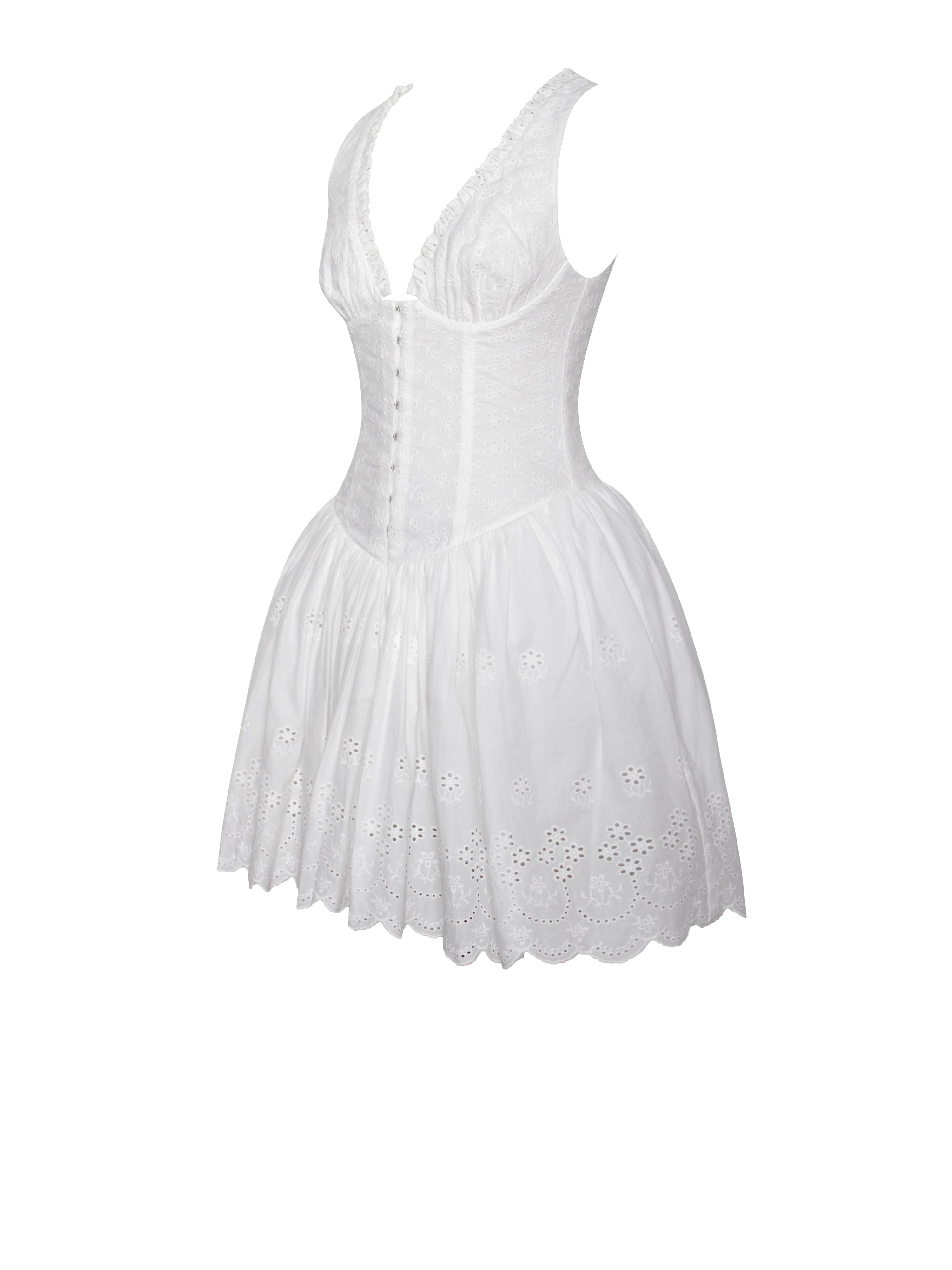 Aaliyah White Eyelet Plunging Halter Drop Waist Mini Dress