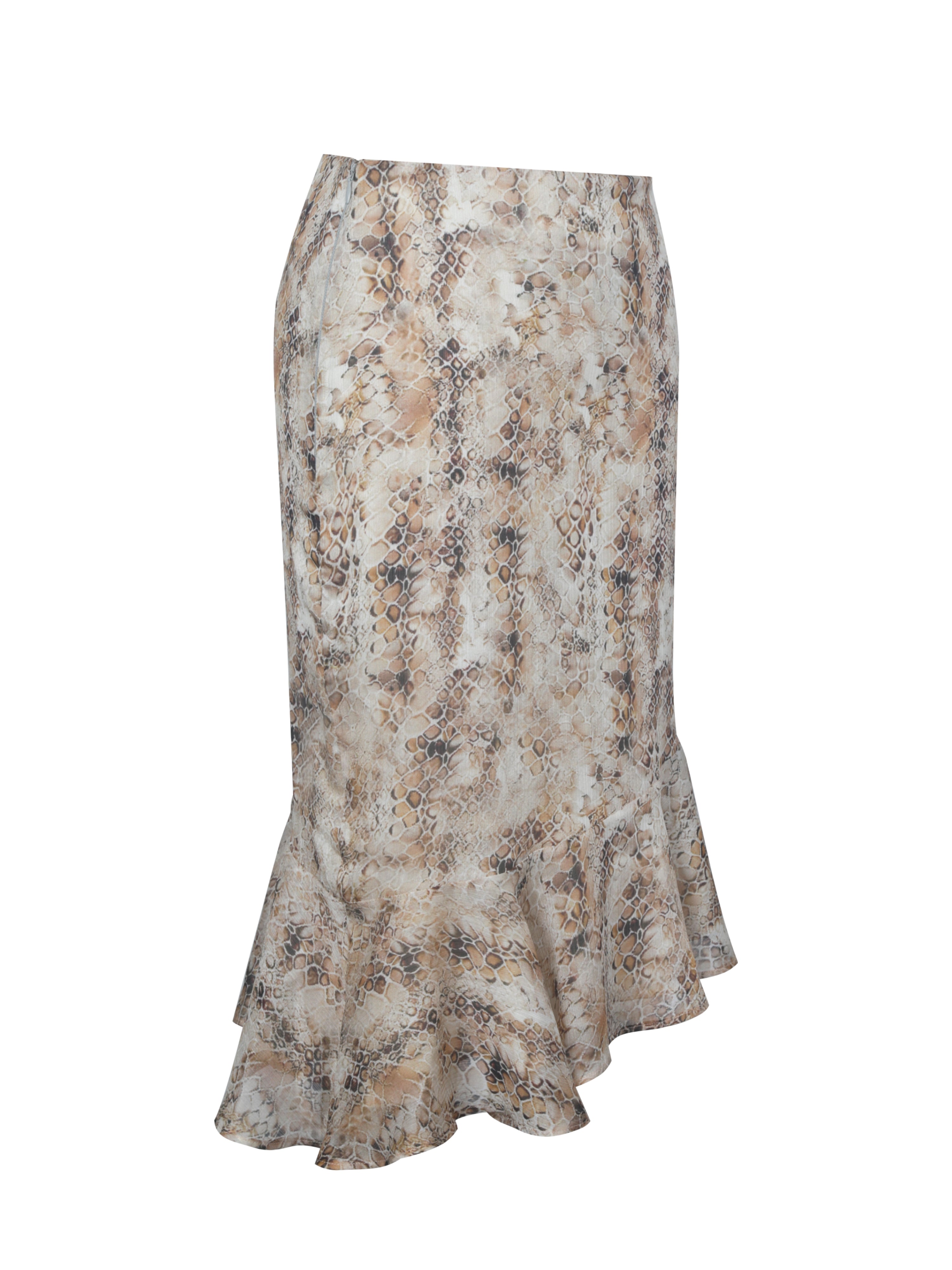 Umarah Tan Reptile Print Asymmetrical Ruffled Skirt