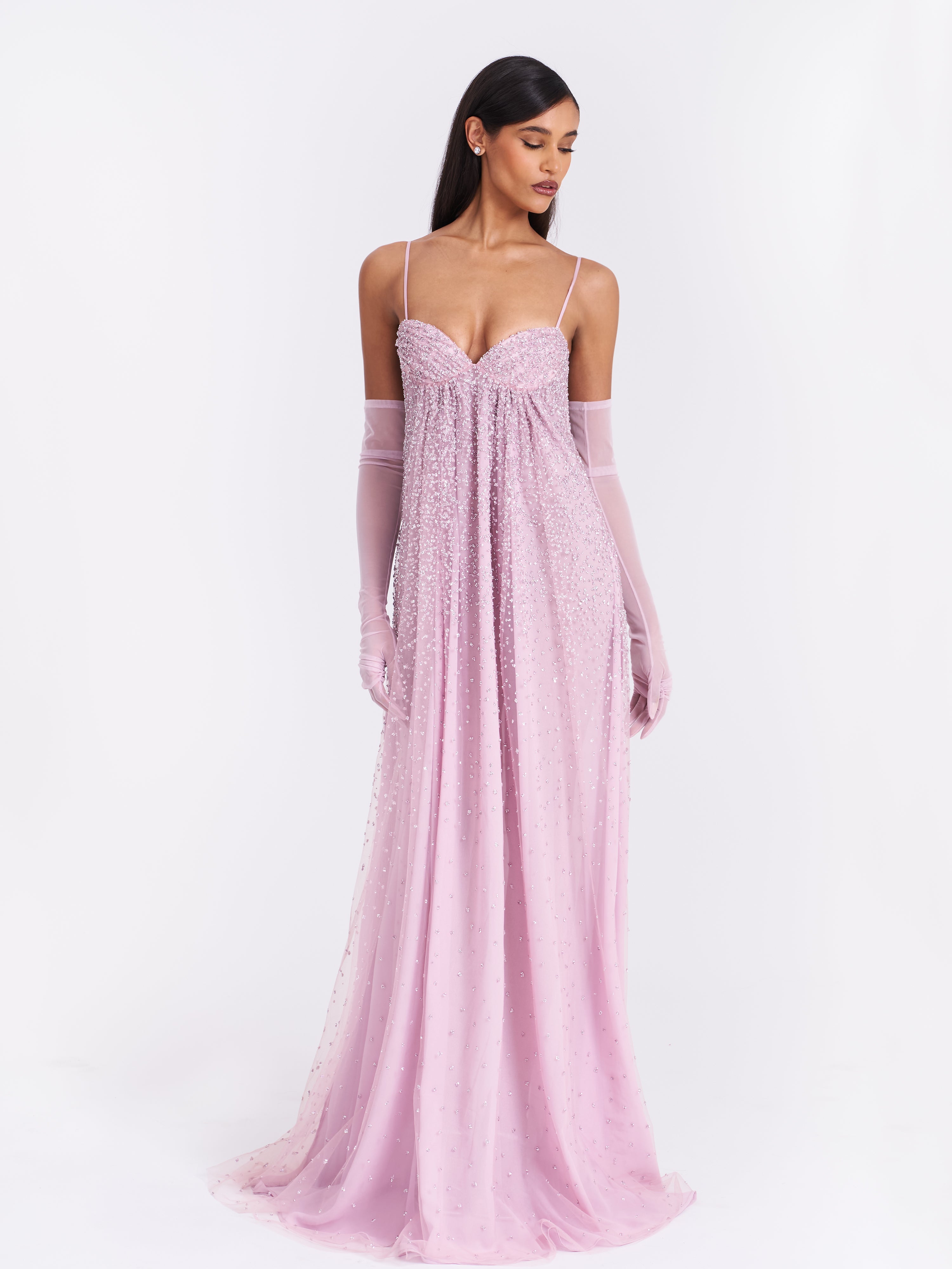 Wallie Pink Rhinestone Embellished Mesh Backless Gown