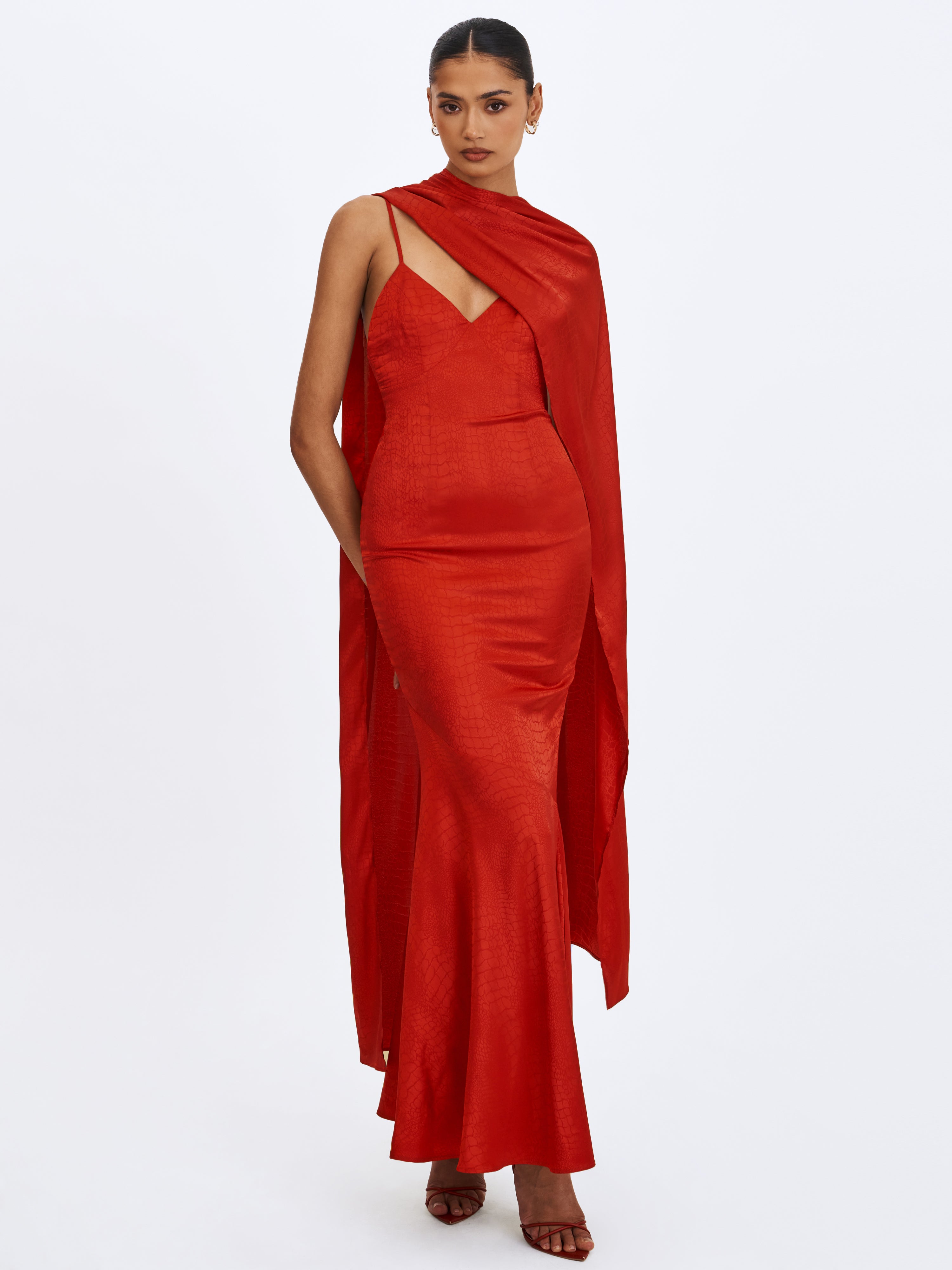 Kelsey Scarlet Croc-Embossed Flared Hem Maxi Dress with Scarf