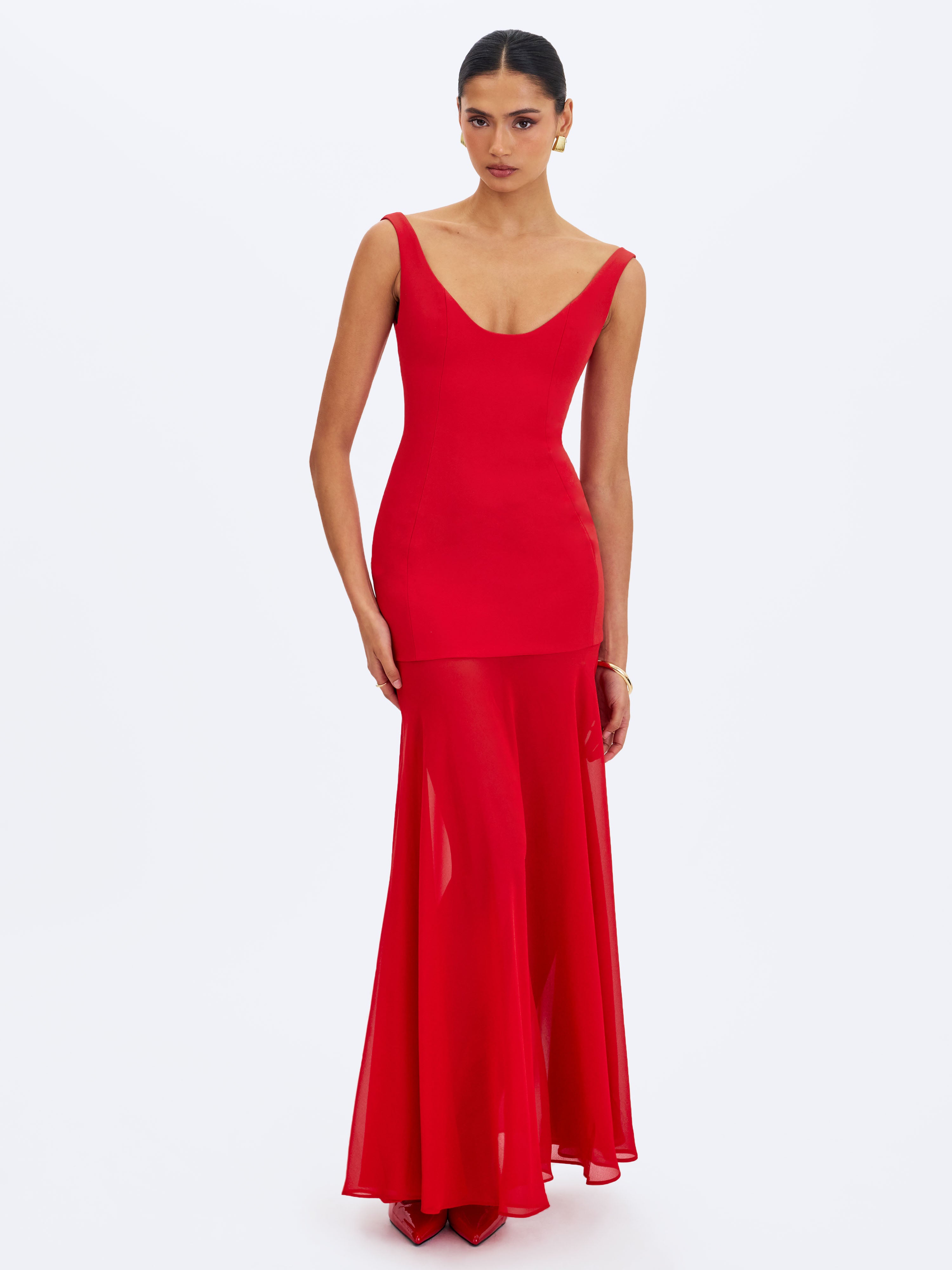 Verona Crimson Scoop Neck Flared Maxi Dress