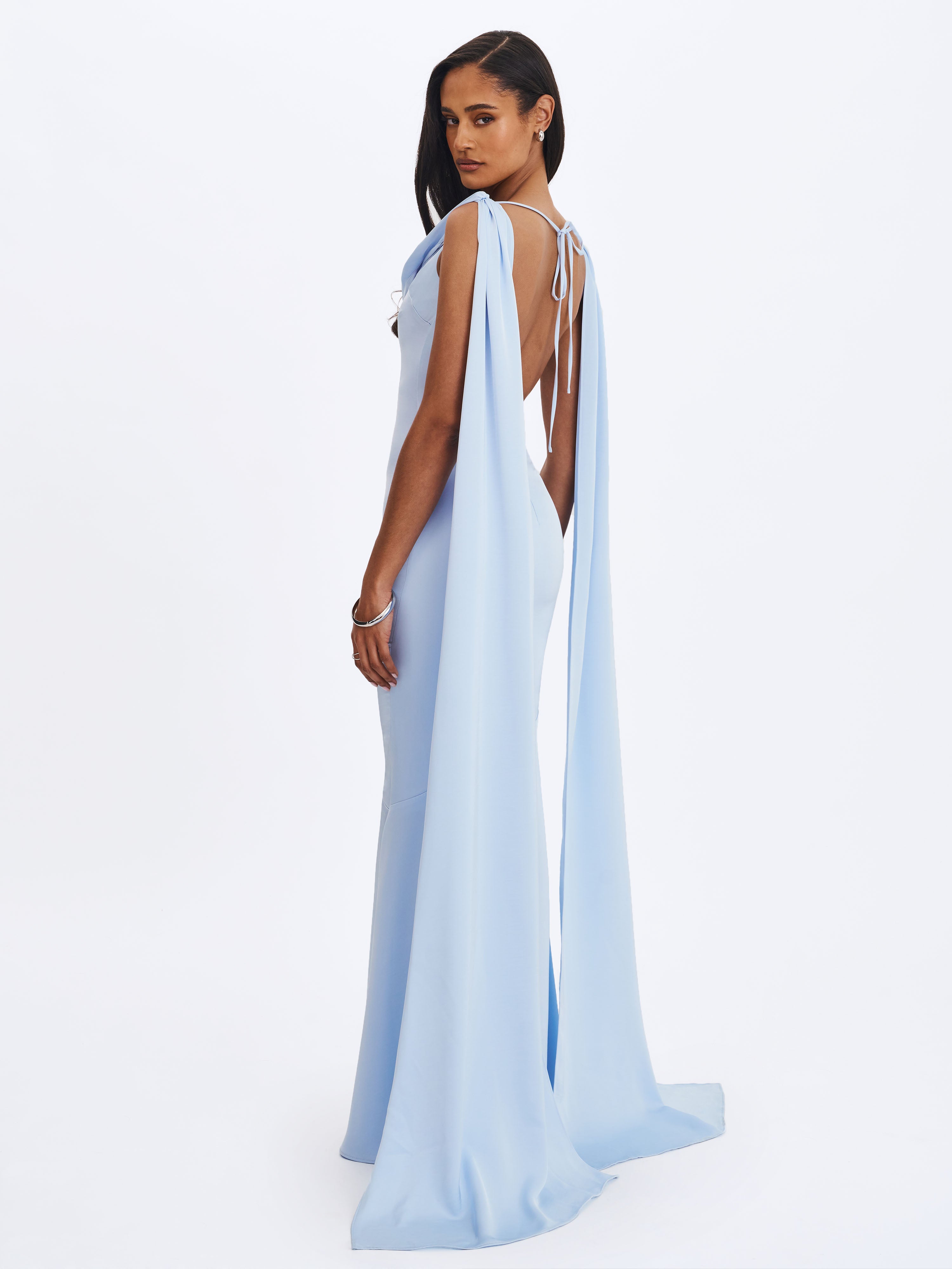 Eira Mist Blue Cowl Scarf-Detail Mermaid Maxi Dress