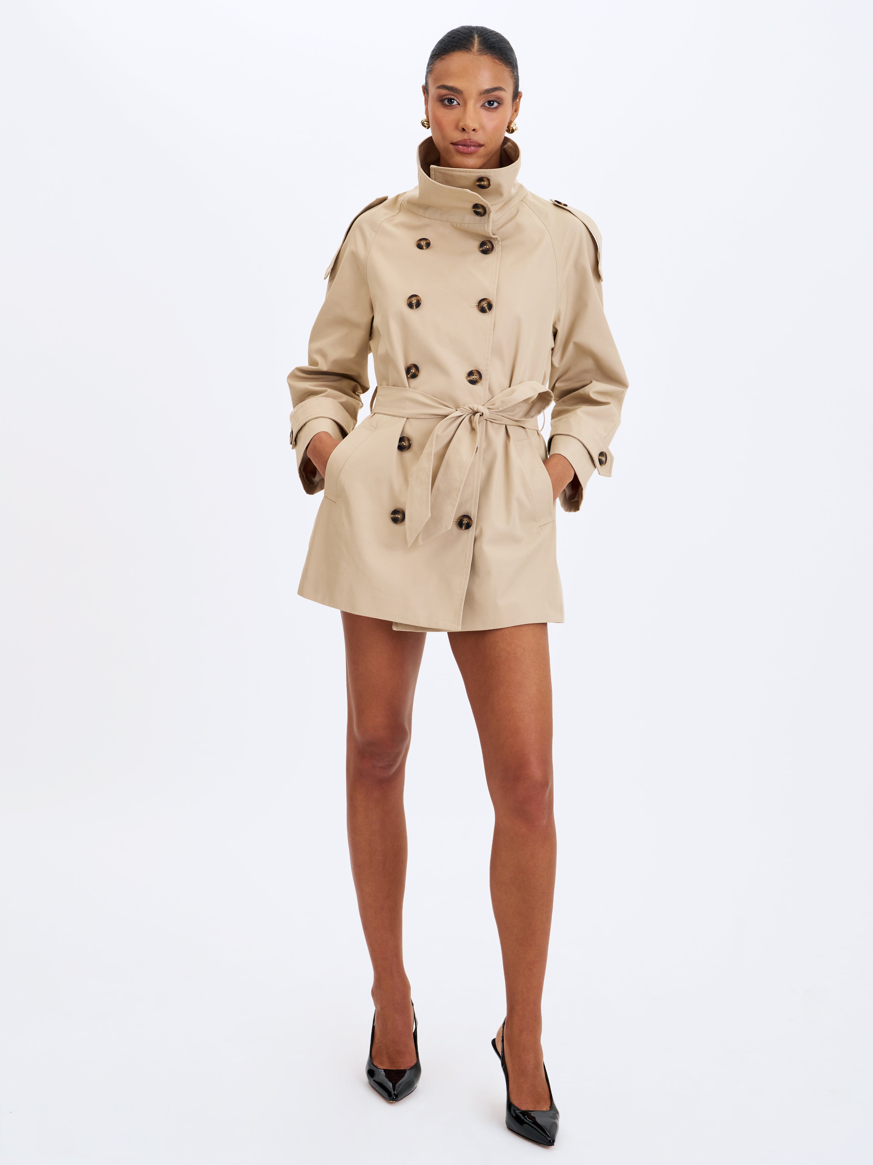 Vanetta Tan High Collar Double-Breasted Trench Mini Coat