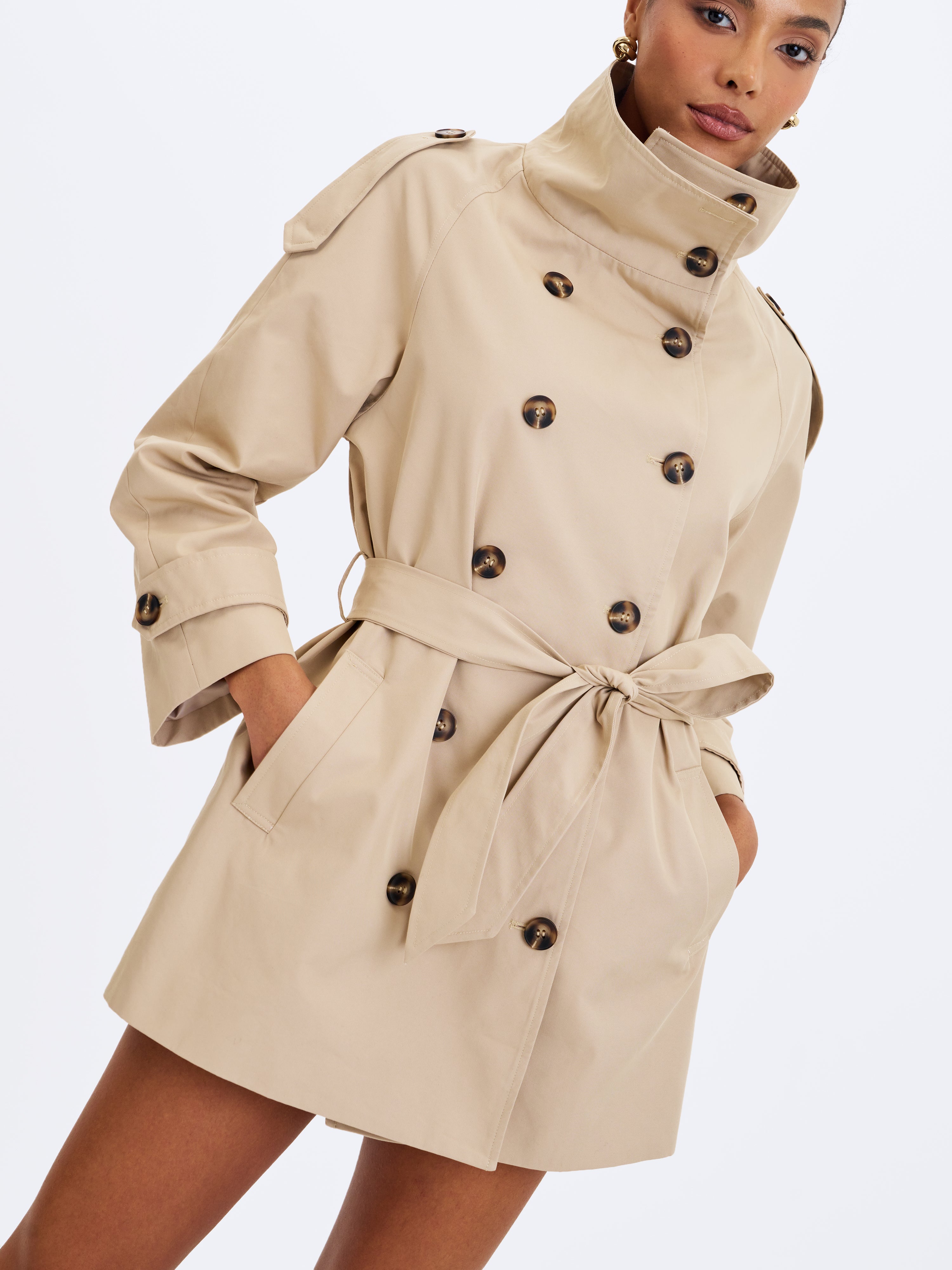 Vanetta Tan High Collar Double-Breasted Trench Mini Coat