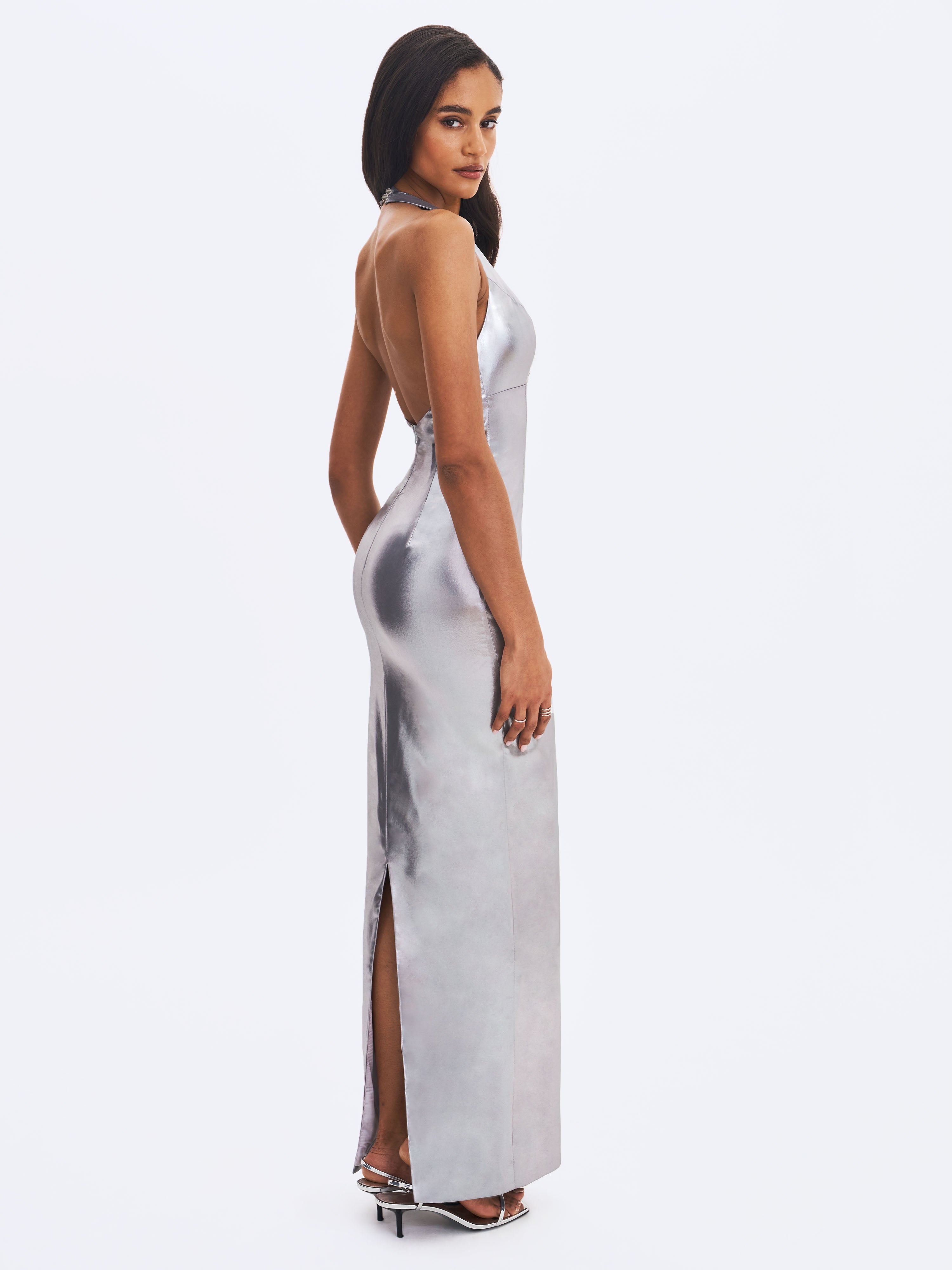 Valeska Silver Foil Plunging Sheath Maxi Dress