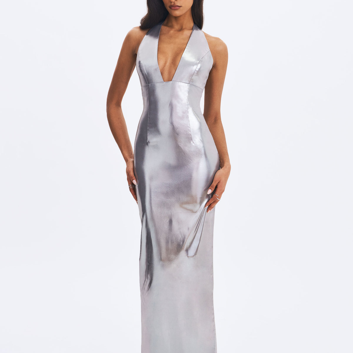 dark silver dress Valeska Silver Foil Plunging Sheath Maxi Dress XS / 2
