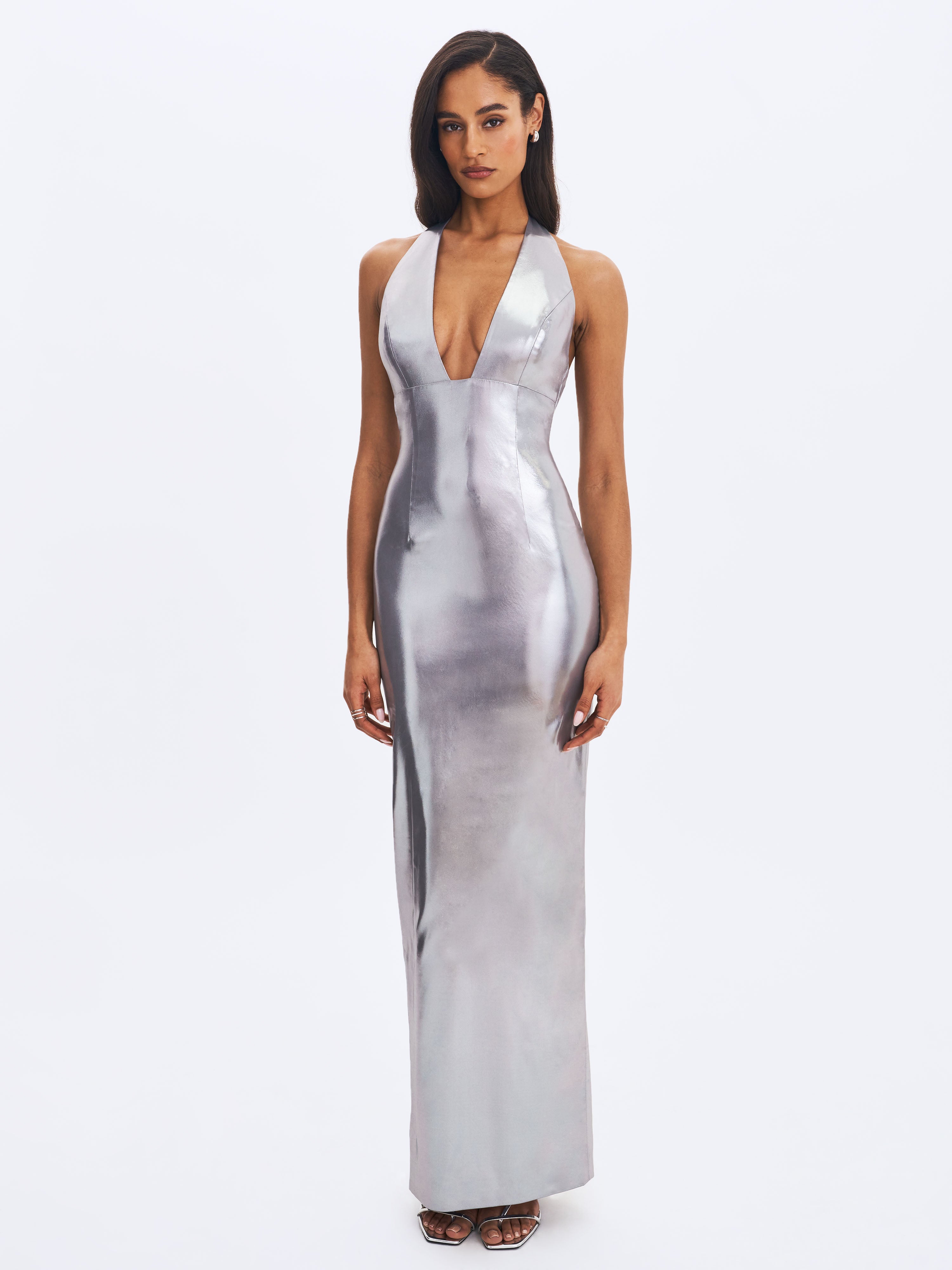 Valeska Silver Foil Plunging Sheath Maxi Dress