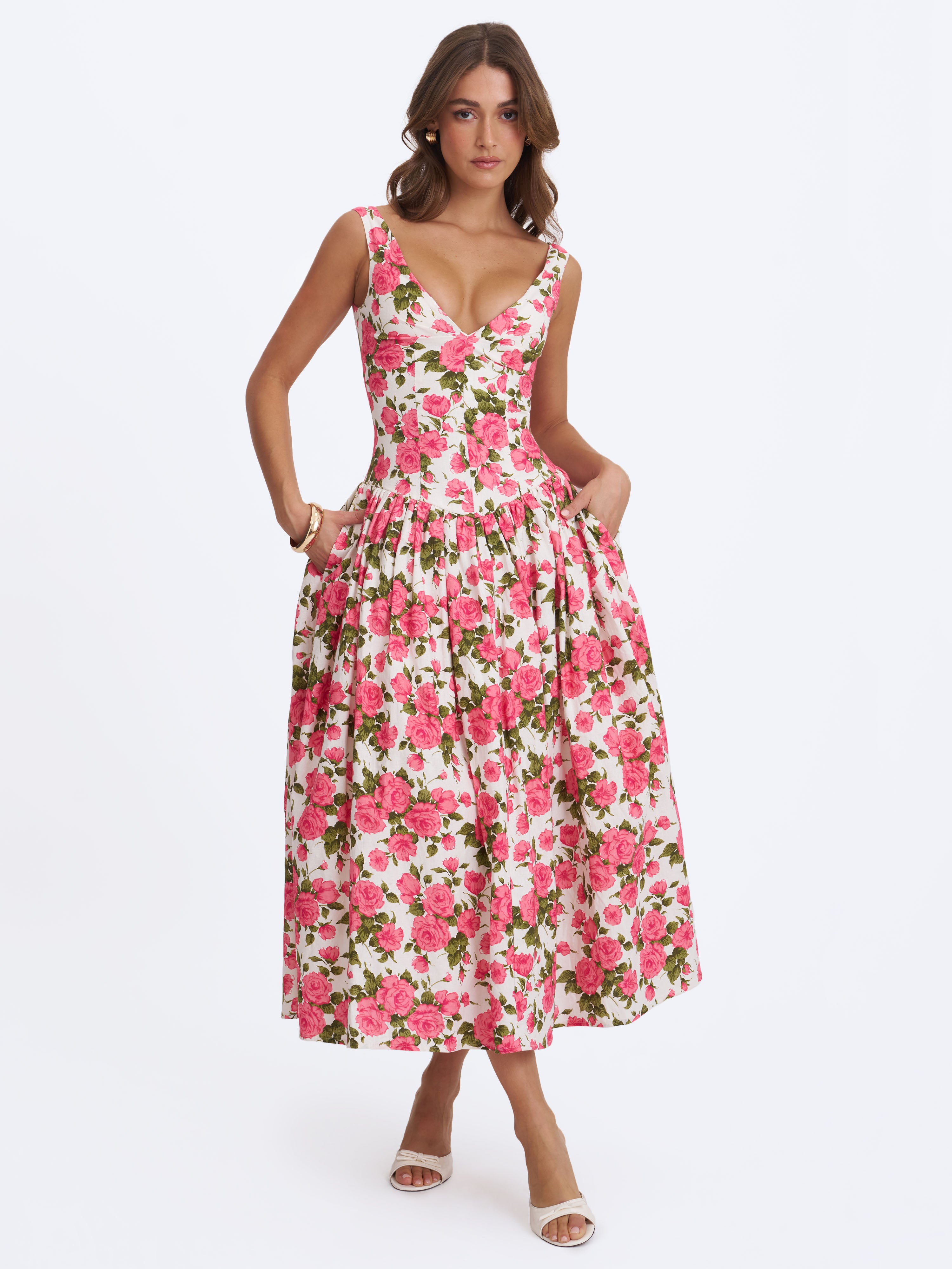 Wilfreda Blooming Pink Floral Linen Sweetheart Midi Dress