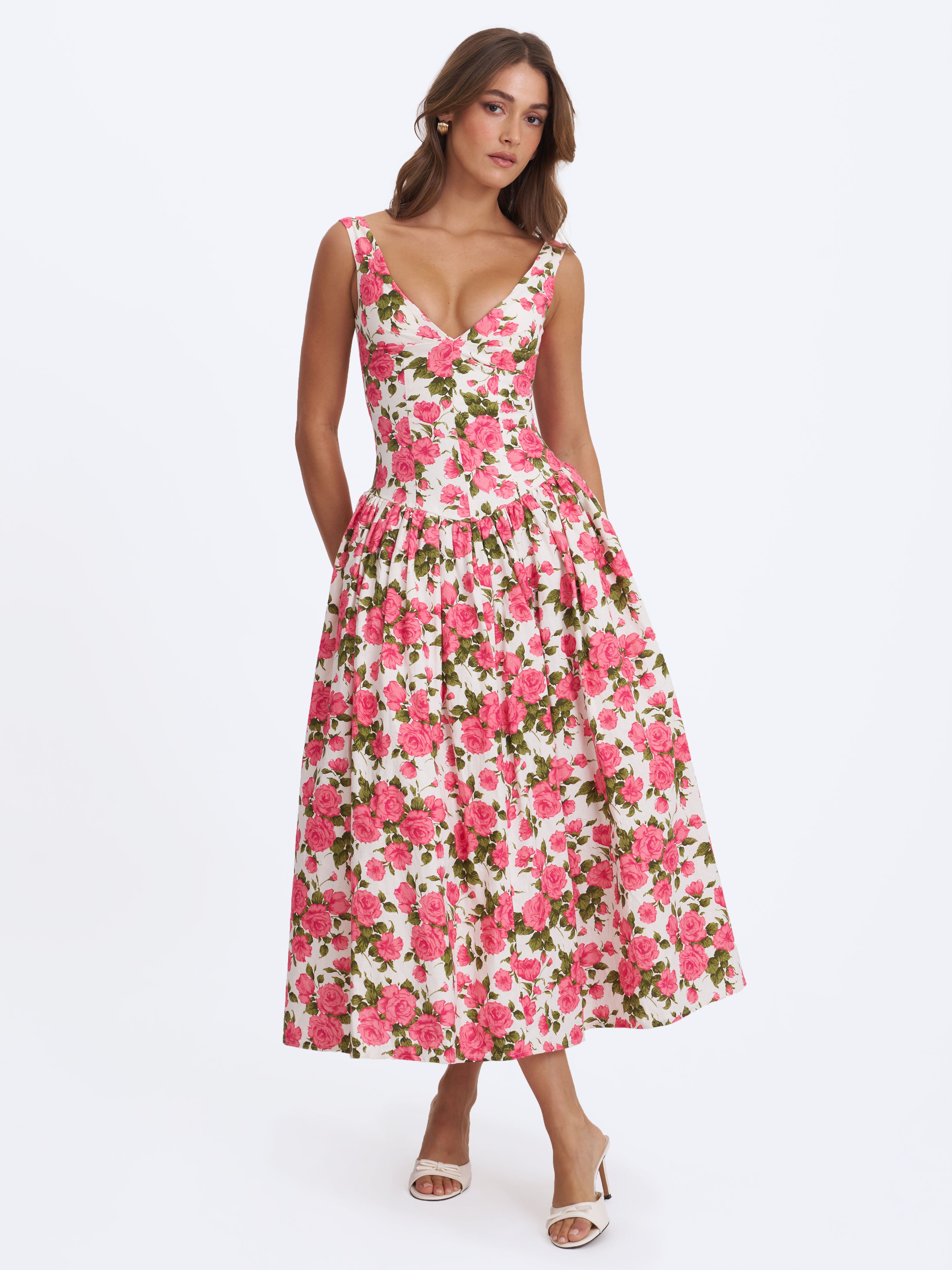 Wilfreda Blooming Pink Floral Linen Sweetheart Midi Dress