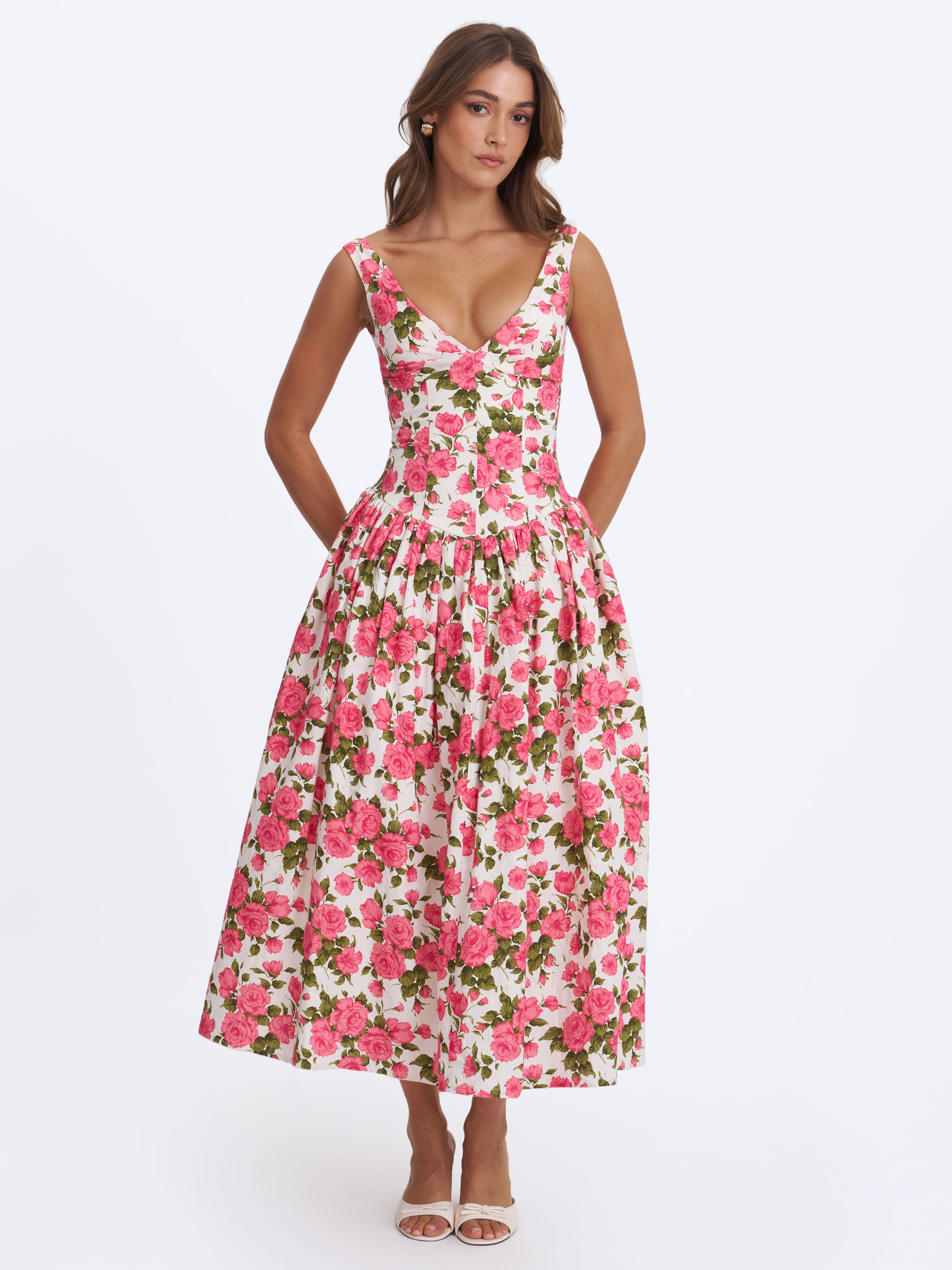 Wilfreda Blooming Pink Floral Linen Sweetheart Midi Dress