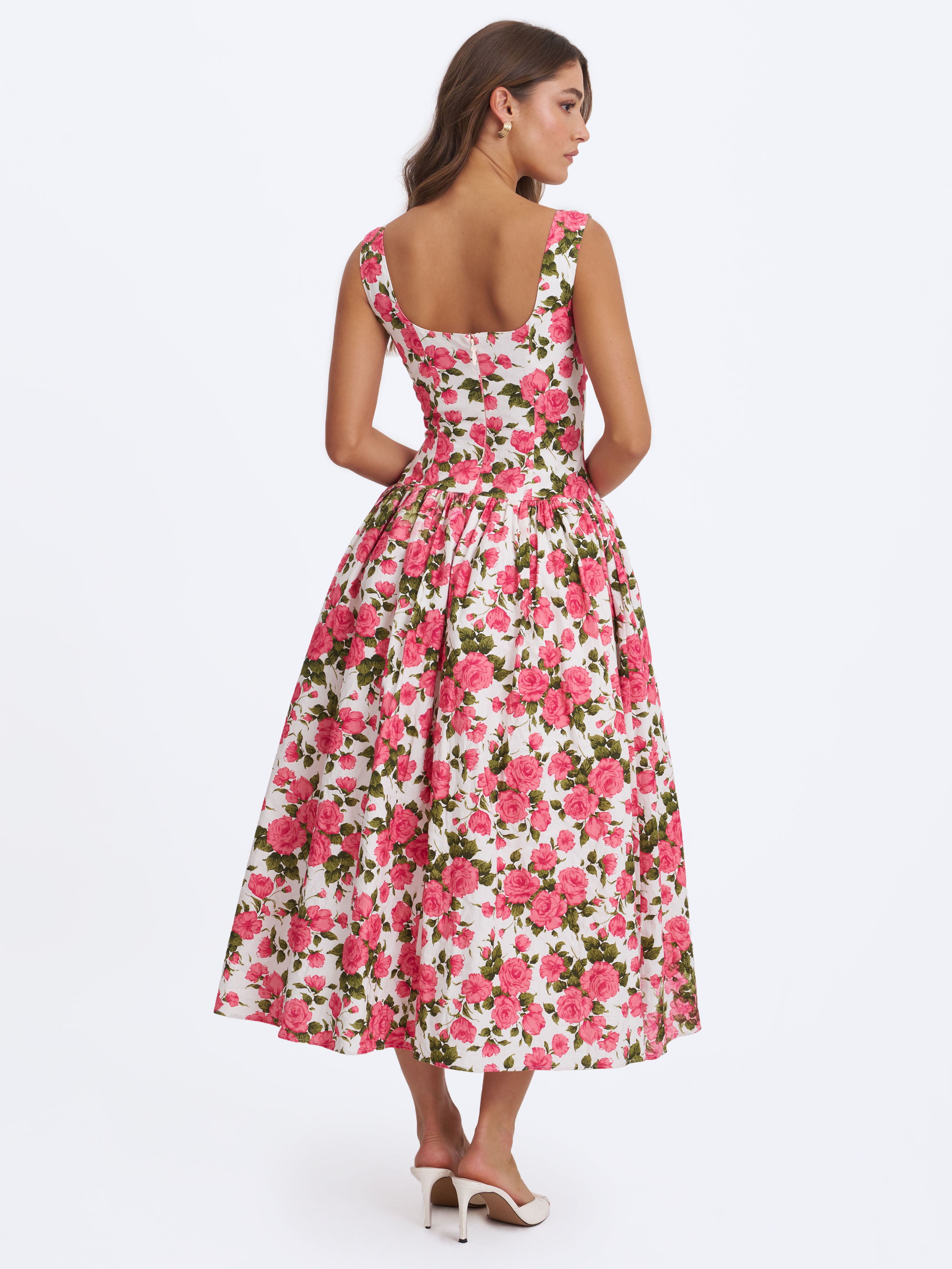 Wilfreda Blooming Pink Floral Linen Sweetheart Midi Dress