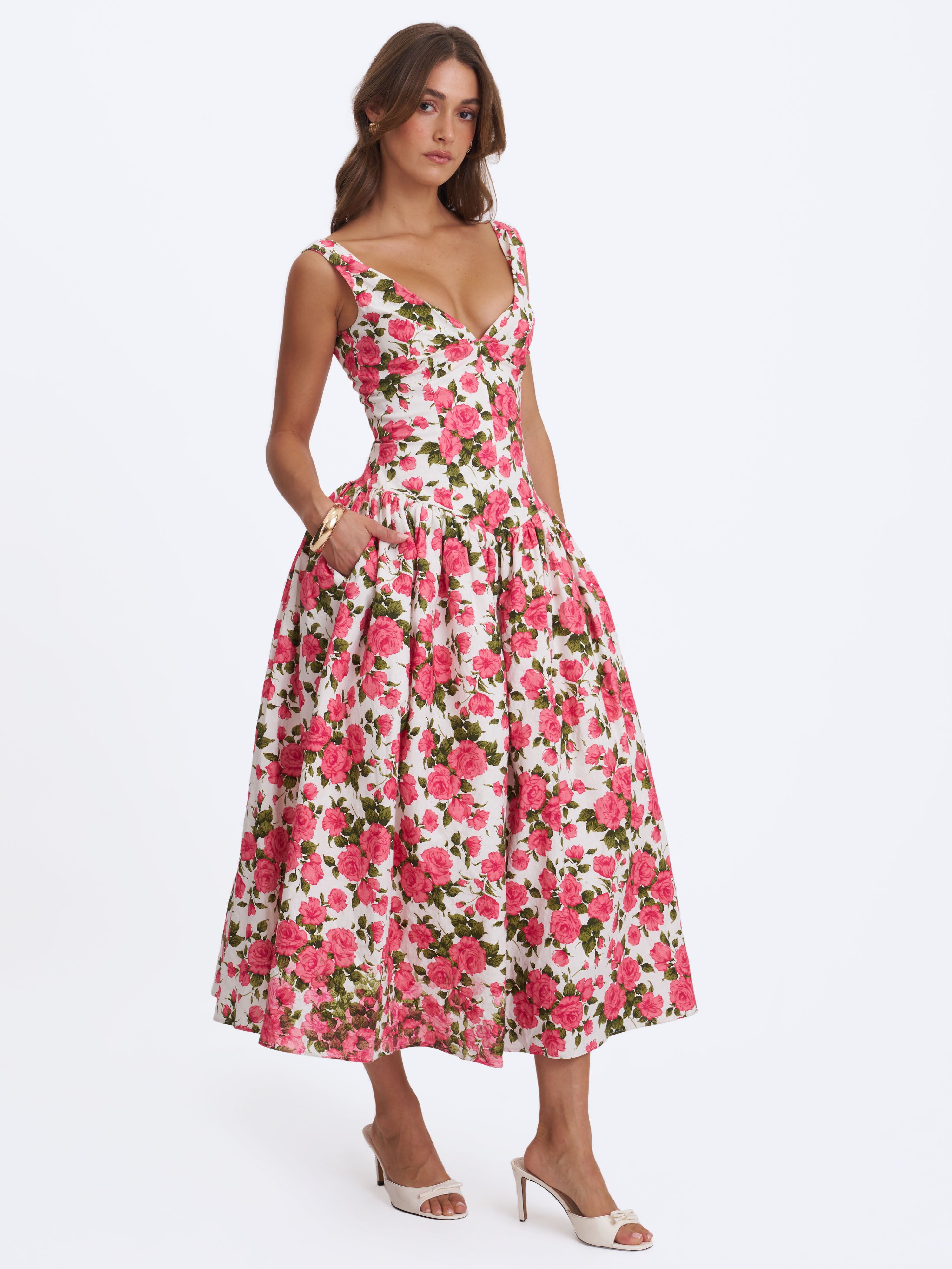 Wilfreda Blooming Pink Floral Linen Sweetheart Midi Dress