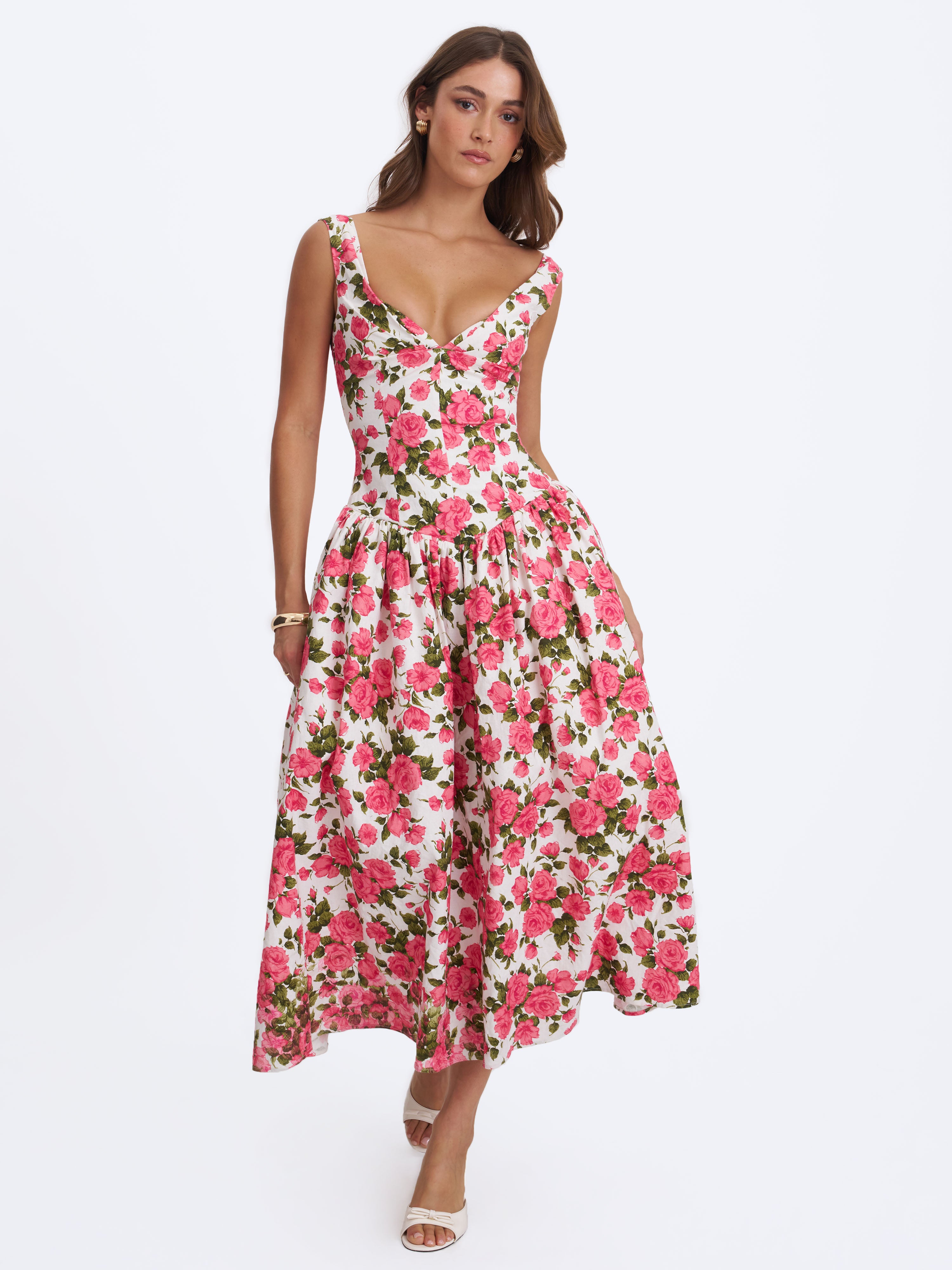 Wilfreda Blooming Pink Floral Linen Sweetheart Midi Dress