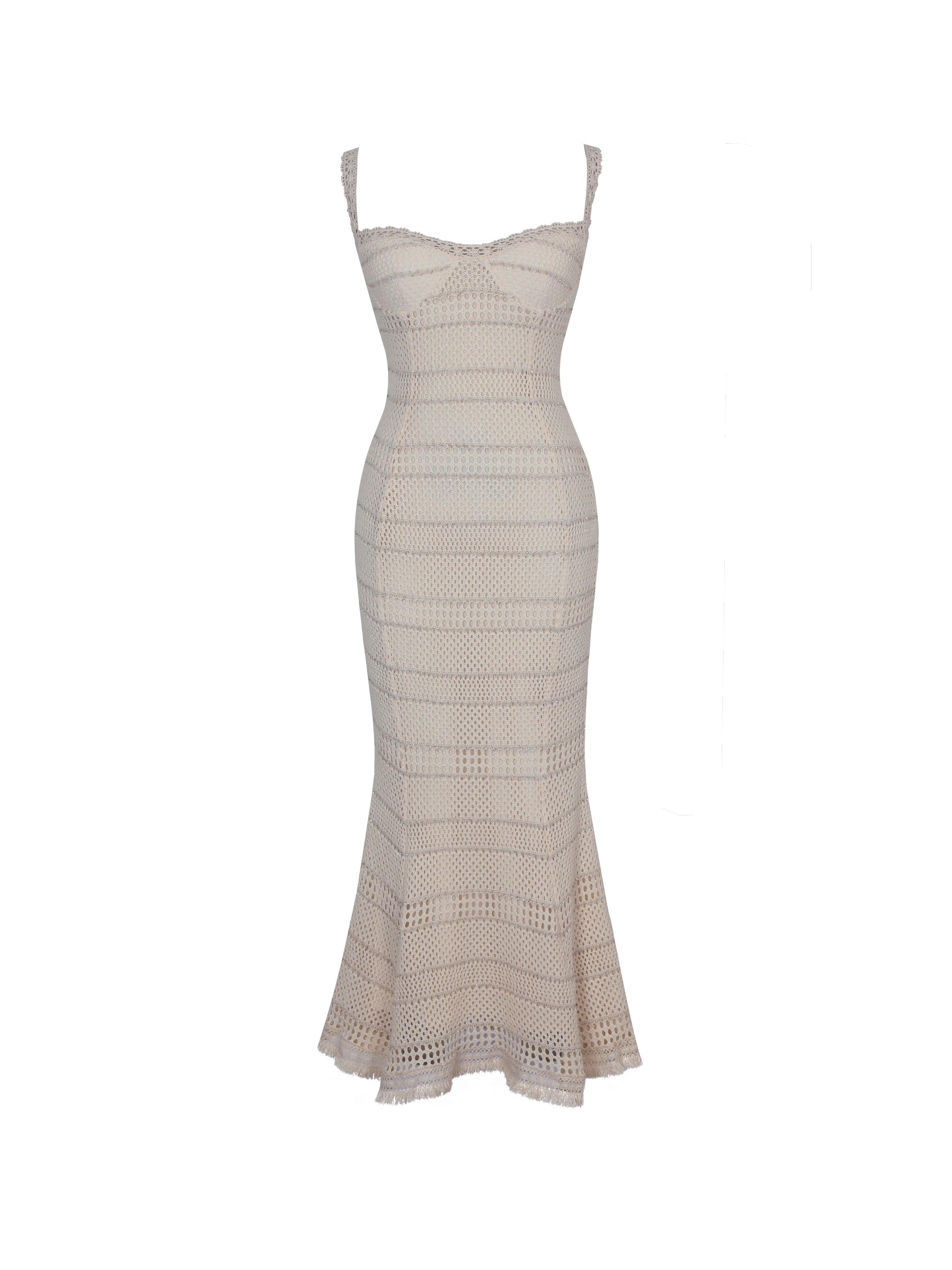 Xiomara Beige & Gold Stripe Crochet Knit Mermaid Midi Dress